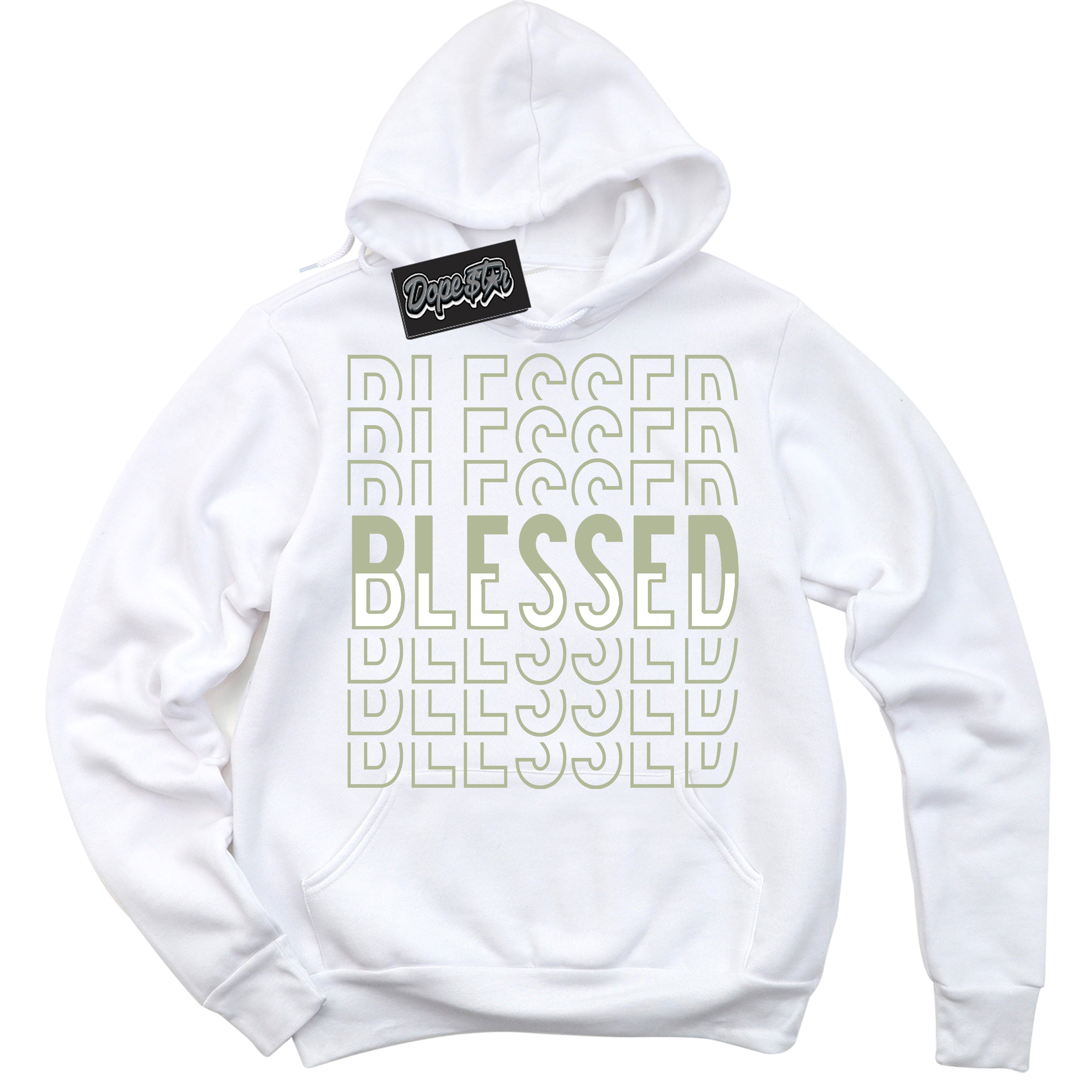 Cool White Hoodie with “ Blessed Stacked ”  design that Perfectly Matches Next Nature Olive Aura Dunks.
