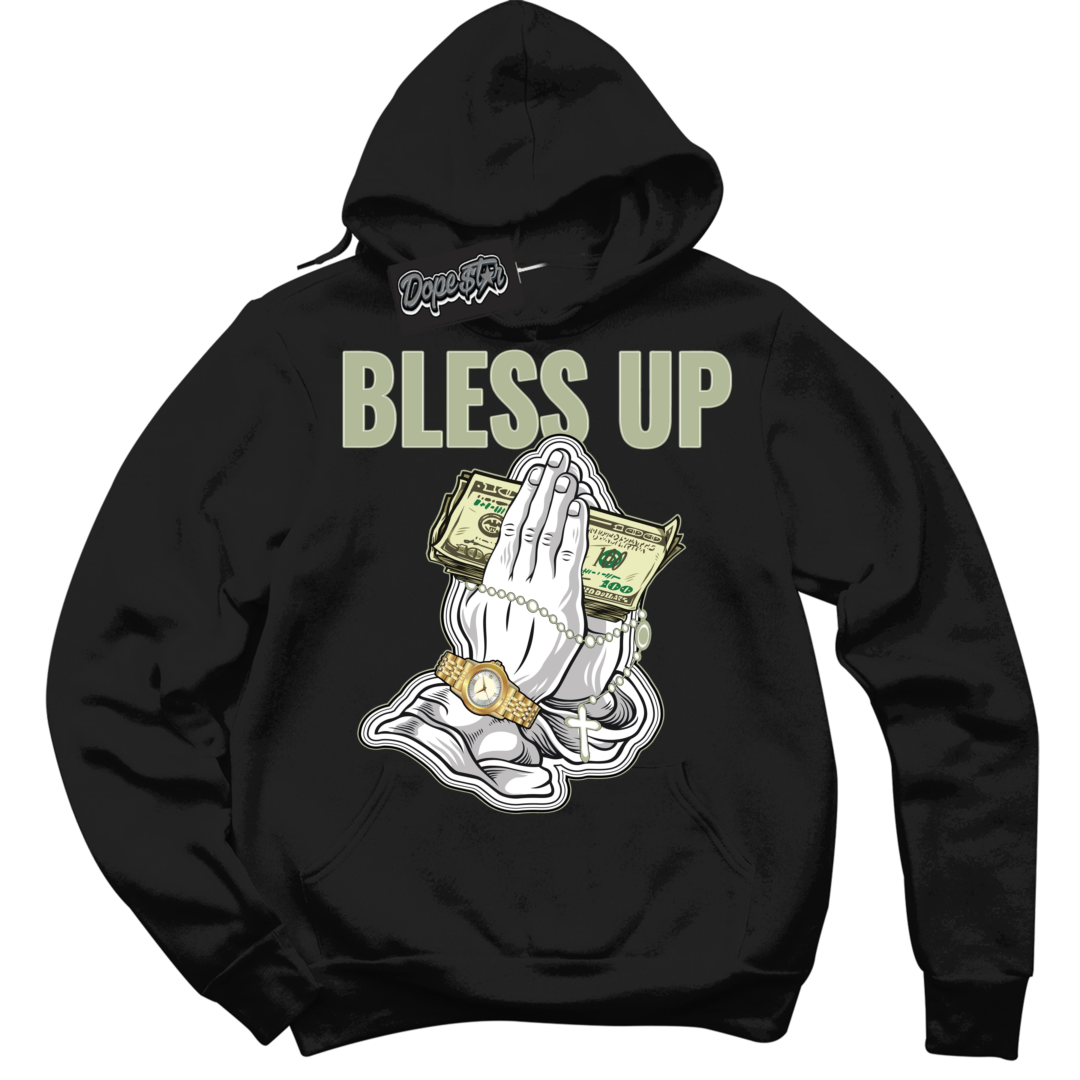 Cool Black Hoodie with “ Bless Up ”  design that Perfectly Matches Next Nature Olive Aura Dunks.
