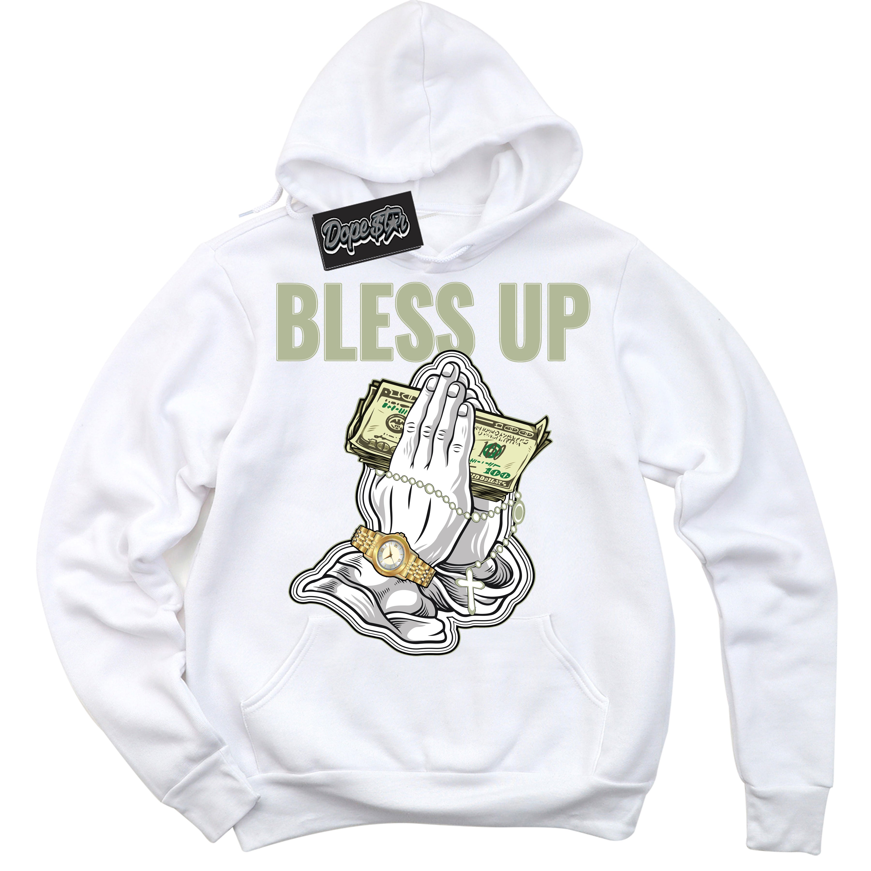 Cool White Hoodie with “ Bless Up ”  design that Perfectly Matches Next Nature Olive Aura Dunks.
