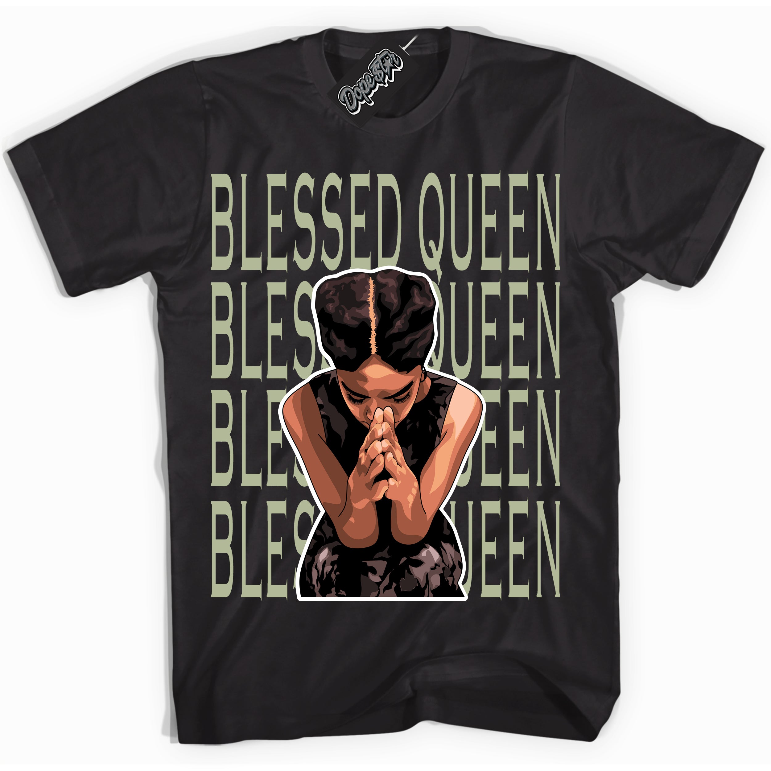 Cool Black Shirt with “ Blessed Queen ” design that perfectly matches Next Nature Olive Aura Dunks.
