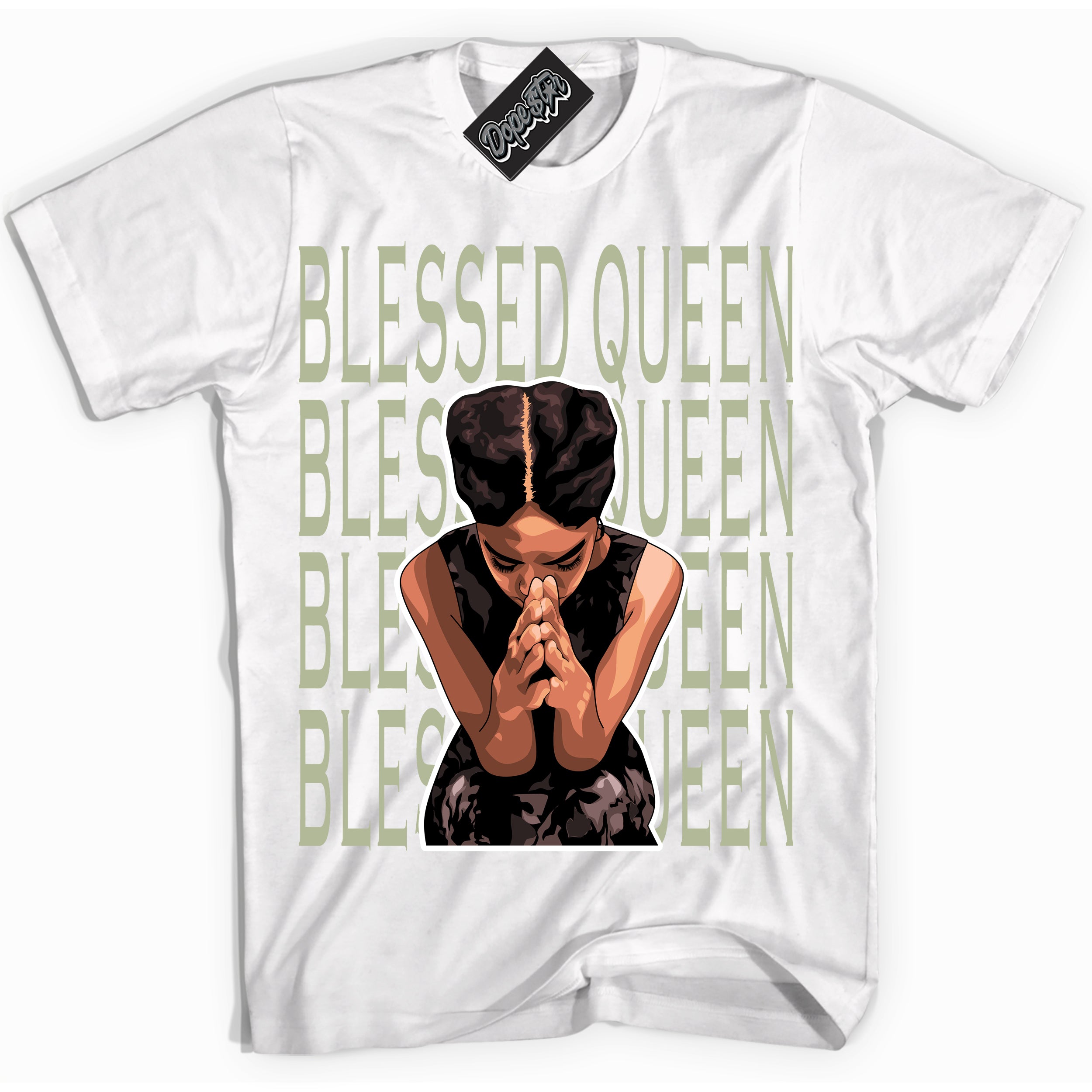 Cool White Shirt with “ Blessed Queen ” design that perfectly matches Next Nature Olive Aura Dunks.
