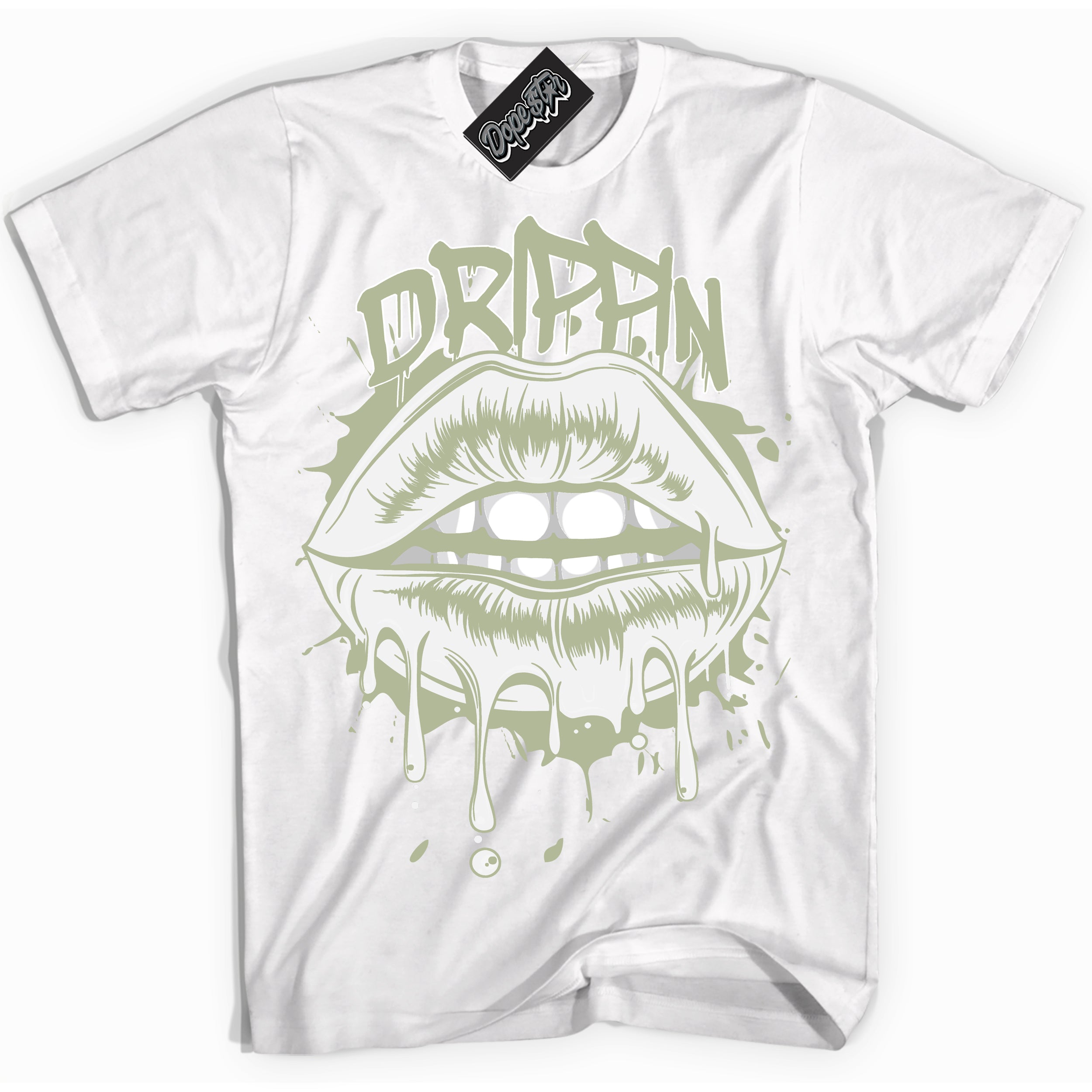 Cool White Shirt with “ Drippin ” design that perfectly matches Next Nature Olive Aura Dunks.
