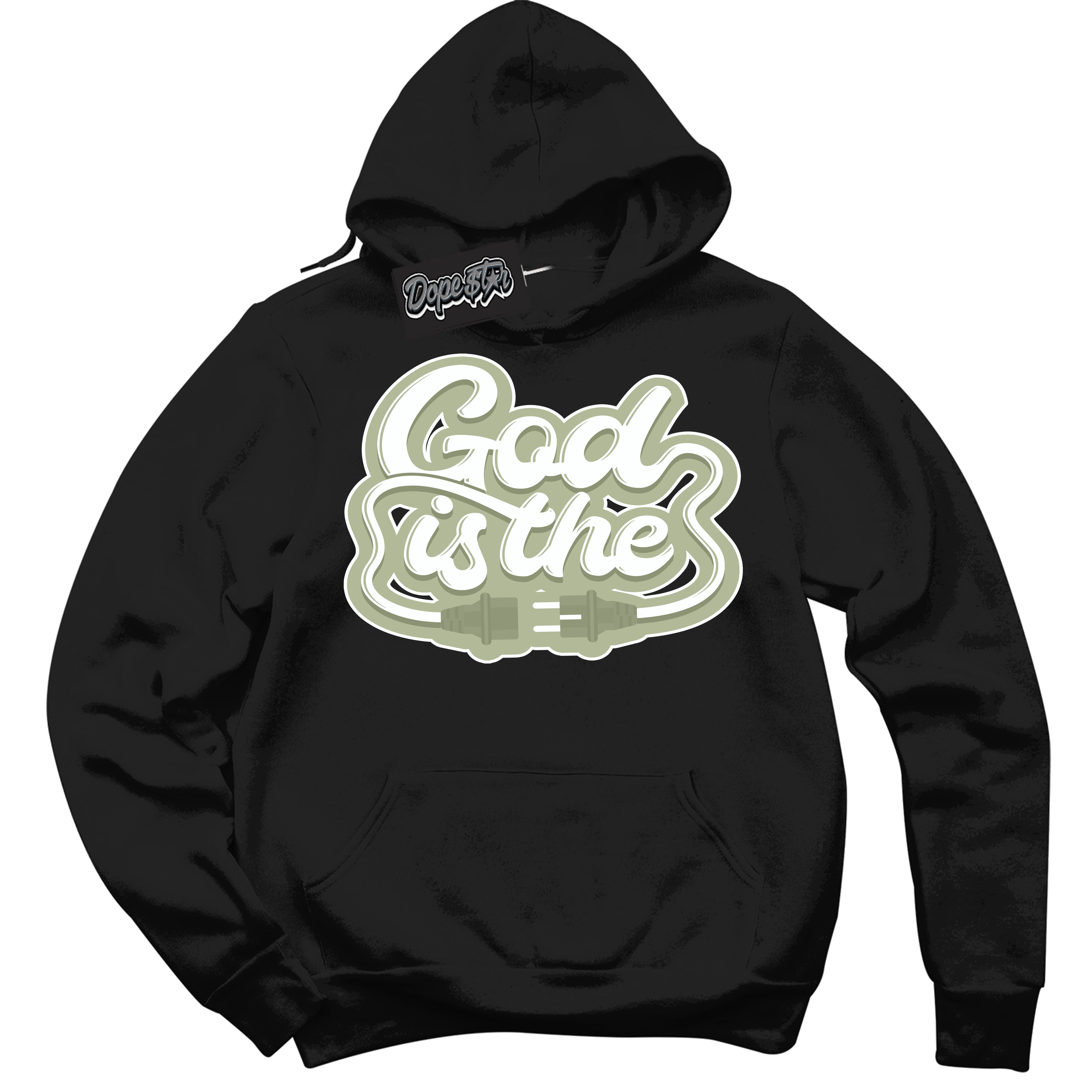 Cool Black Hoodie with “ God Is The ”  design that Perfectly Matches Next Nature Olive Aura Dunks.
