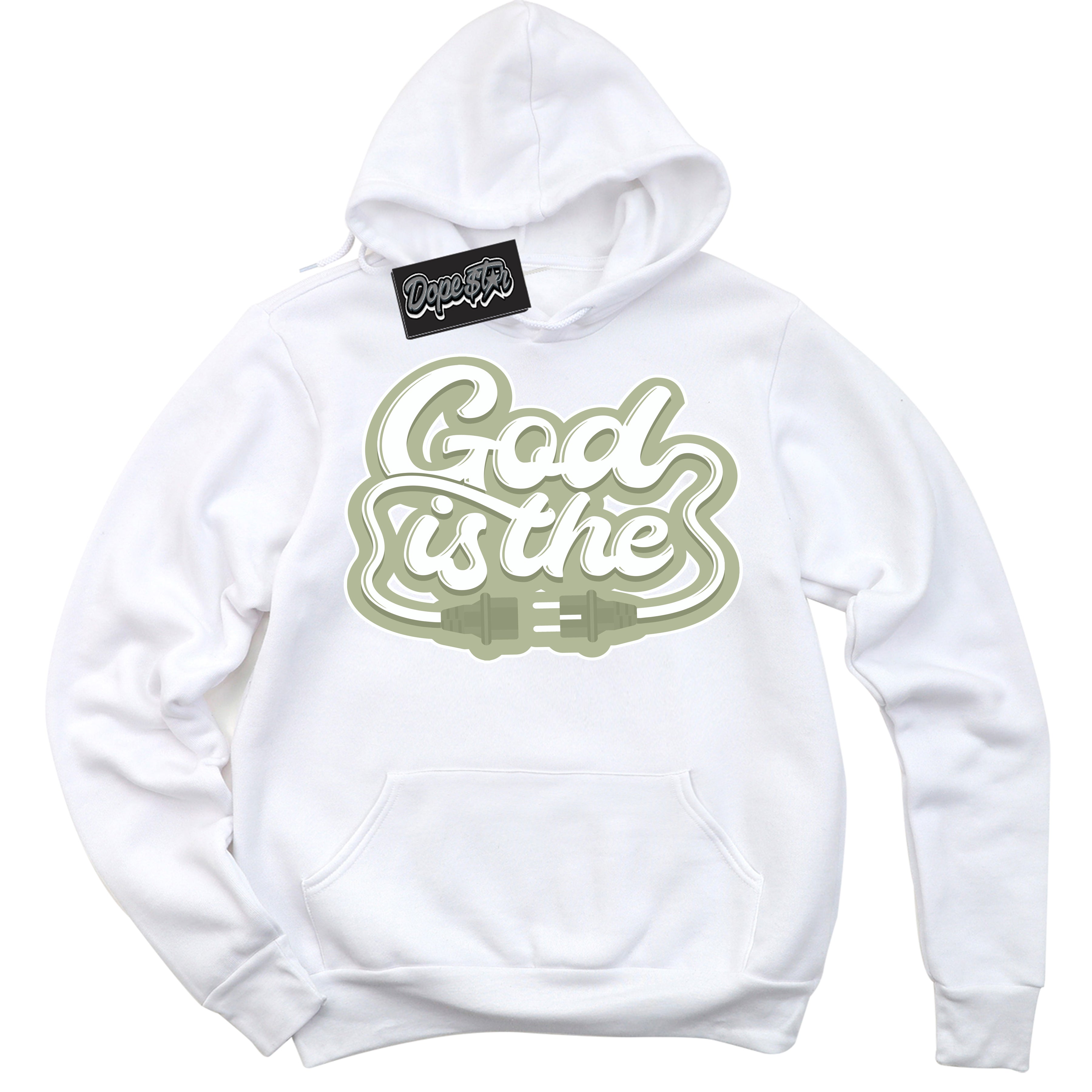 Cool White Hoodie with “ God Is The ”  design that Perfectly Matches Next Nature Olive Aura Dunks.
