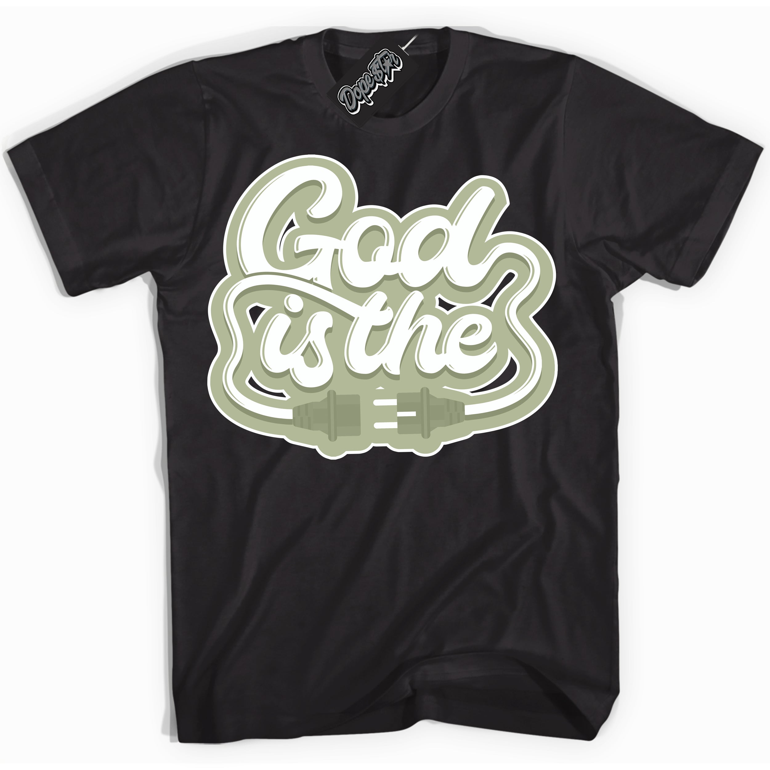 Cool Black Shirt with “ God Is The ” design that perfectly matches Next Nature Olive Aura Dunks.
