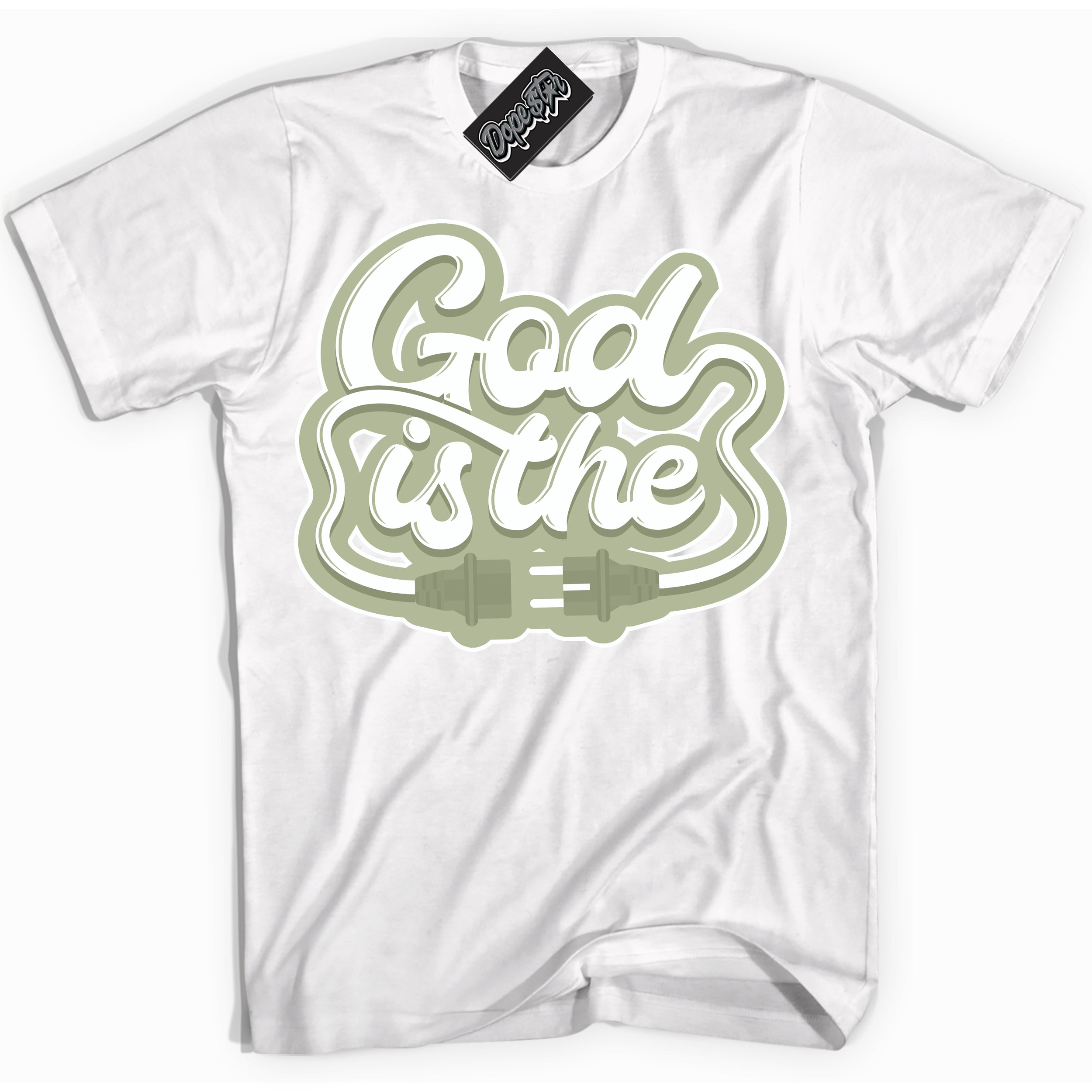 Cool White Shirt with “ God Is The ” design that perfectly matches Next Nature Olive Aura Dunks.
