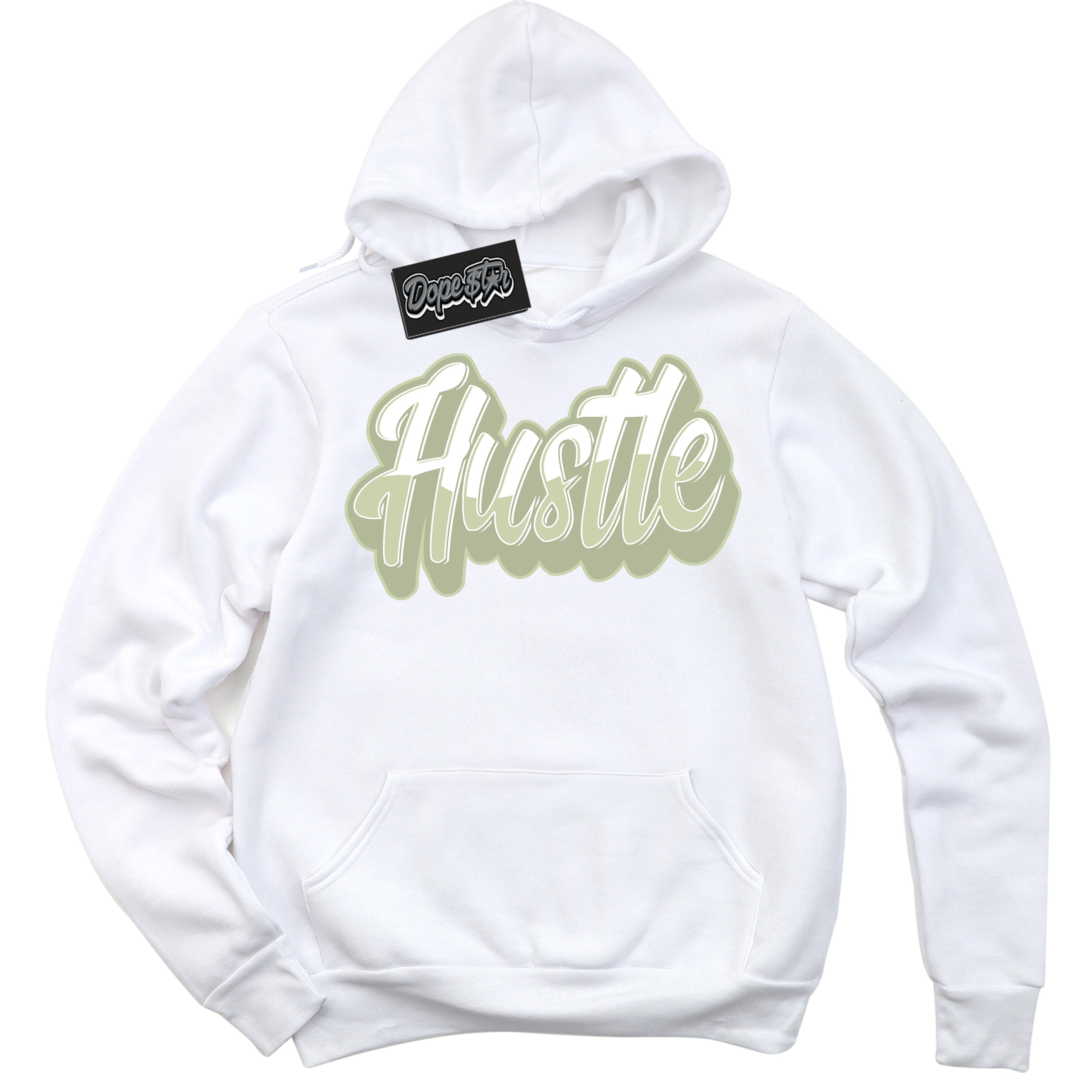 Cool White Hoodie with “ Hustle ”  design that Perfectly Matches Next Nature Olive Aura Dunks.
