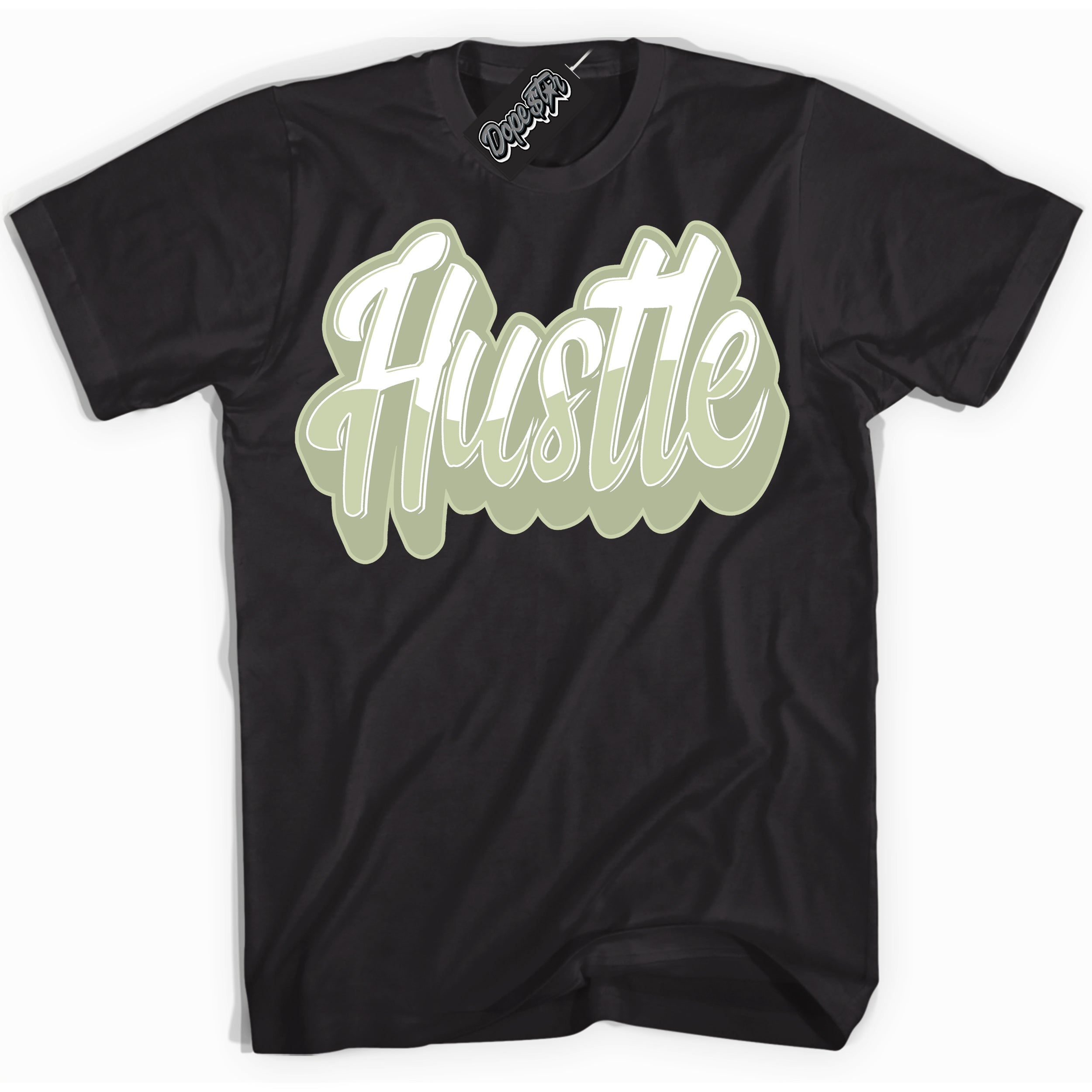 Cool Black Shirt with “ Hustle ” design that perfectly matches Next Nature Olive Aura Dunks.
