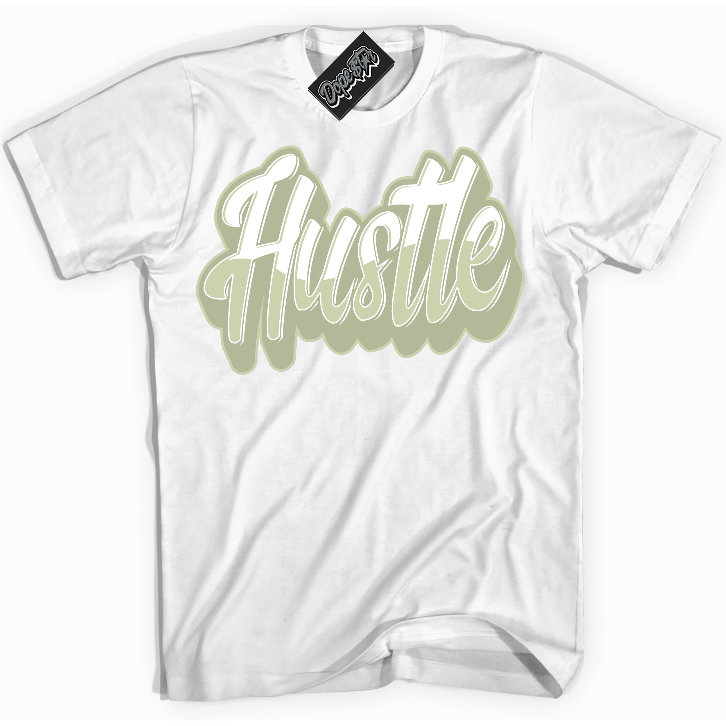 Cool White Shirt with “ Hustle ” design that perfectly matches Next Nature Olive Aura Dunks.