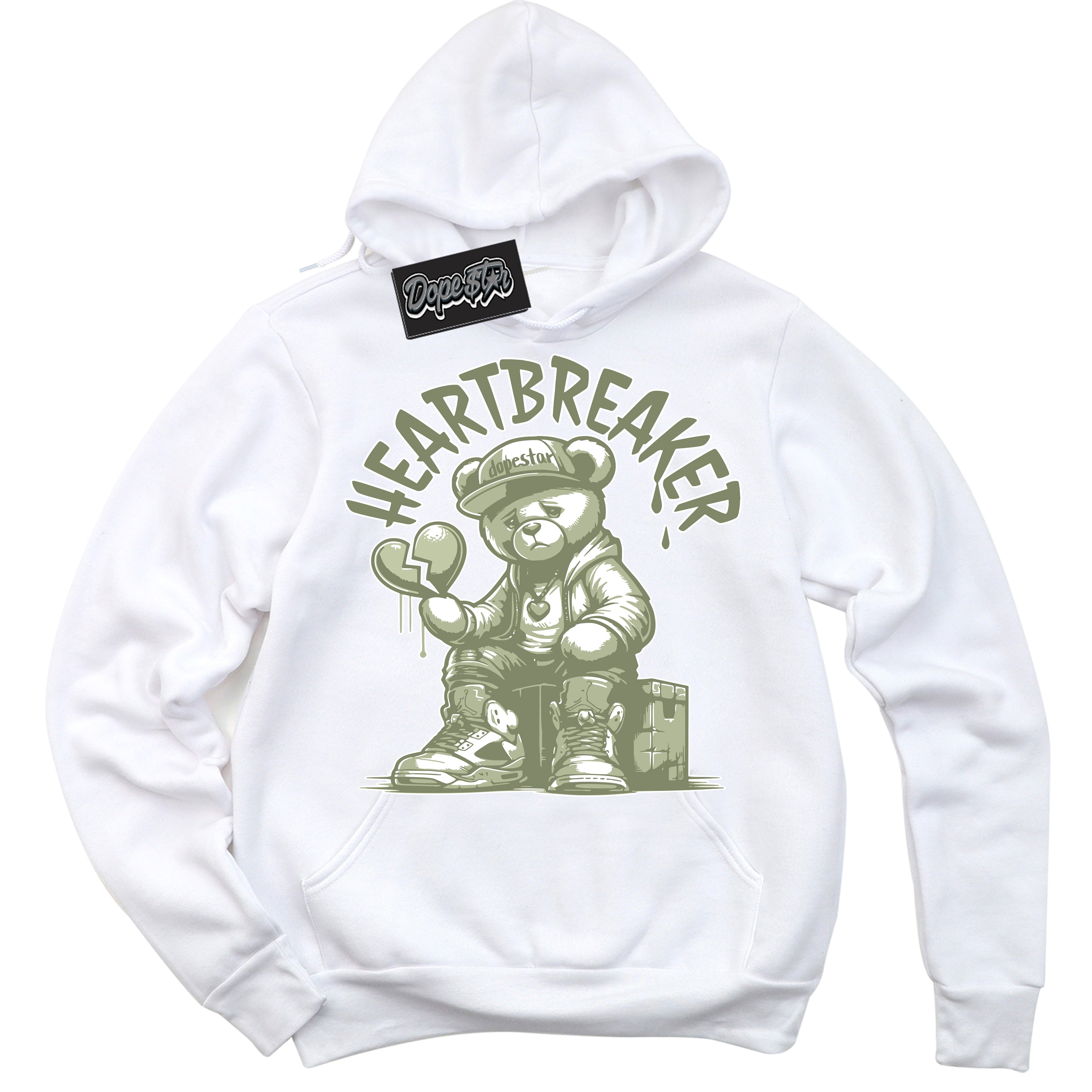 Cool White Hoodie with “ Heartbreaker Bear ”  design that Perfectly Matches Next Nature Olive Aura Dunks.
