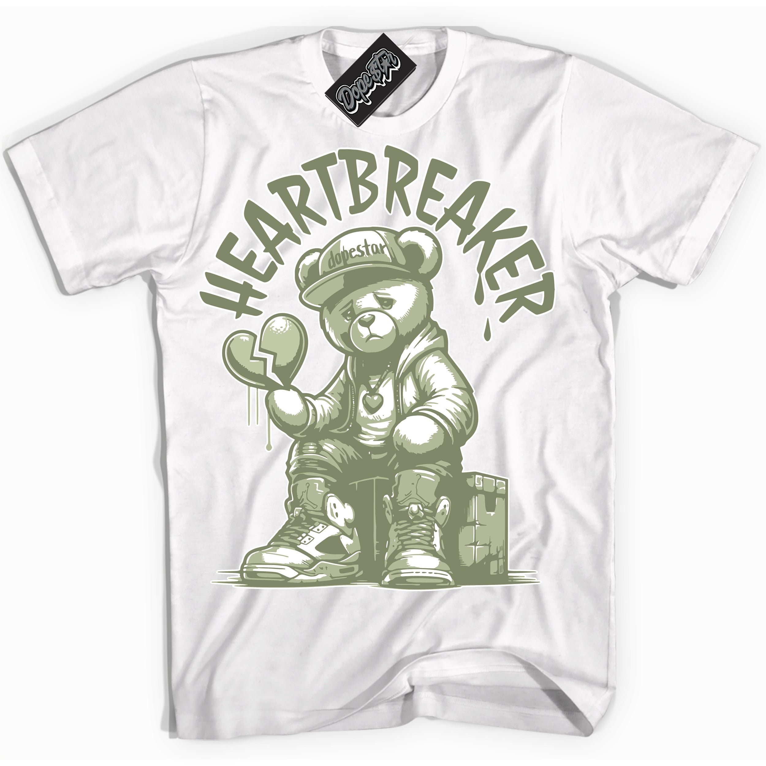 Cool White Shirt with “ Heartbreaker Bear ” design that perfectly matches Next Nature Olive Aura Dunks.
