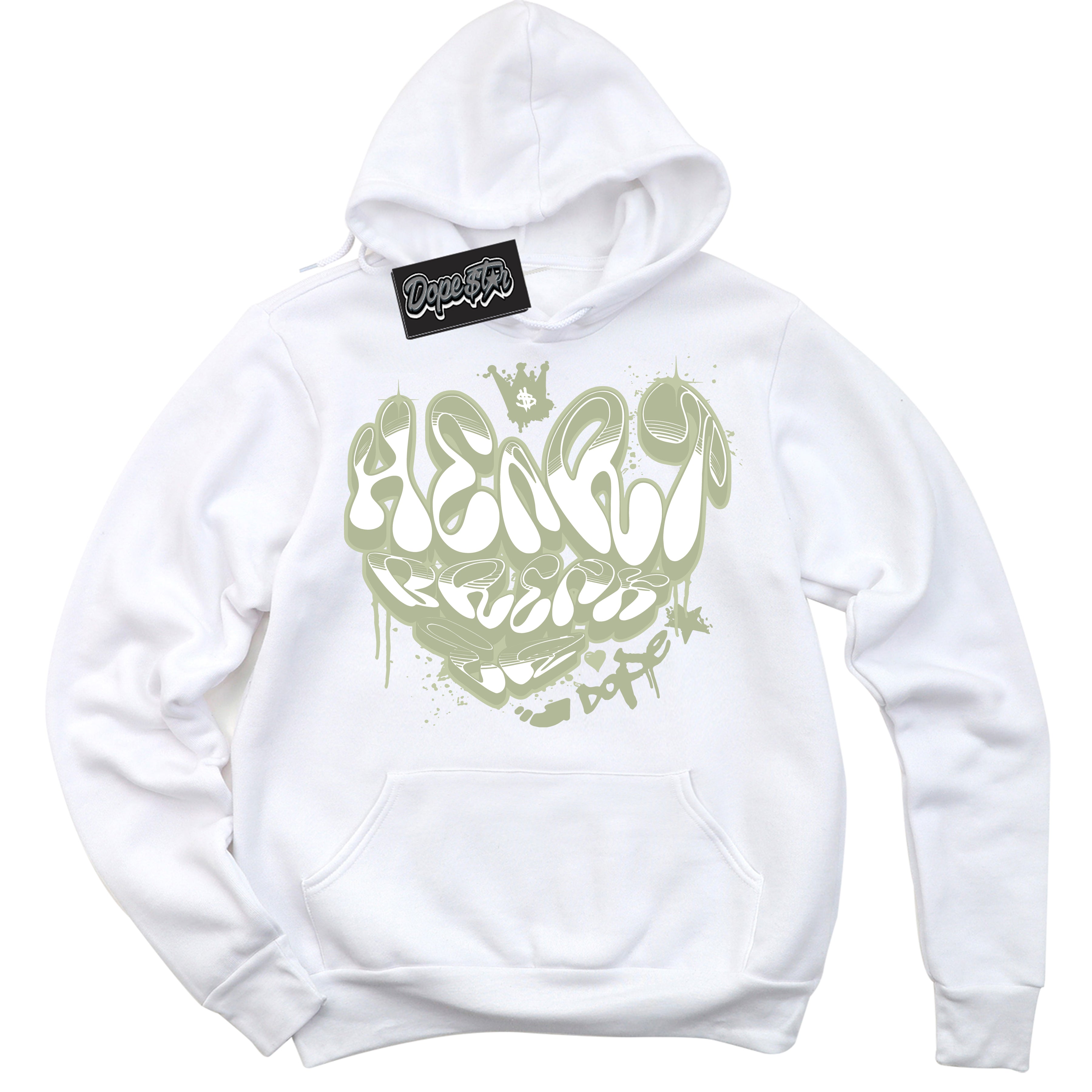 Cool White Hoodie with “ Heartbreaker Graffiti ”  design that Perfectly Matches Next Nature Olive Aura Dunks.
