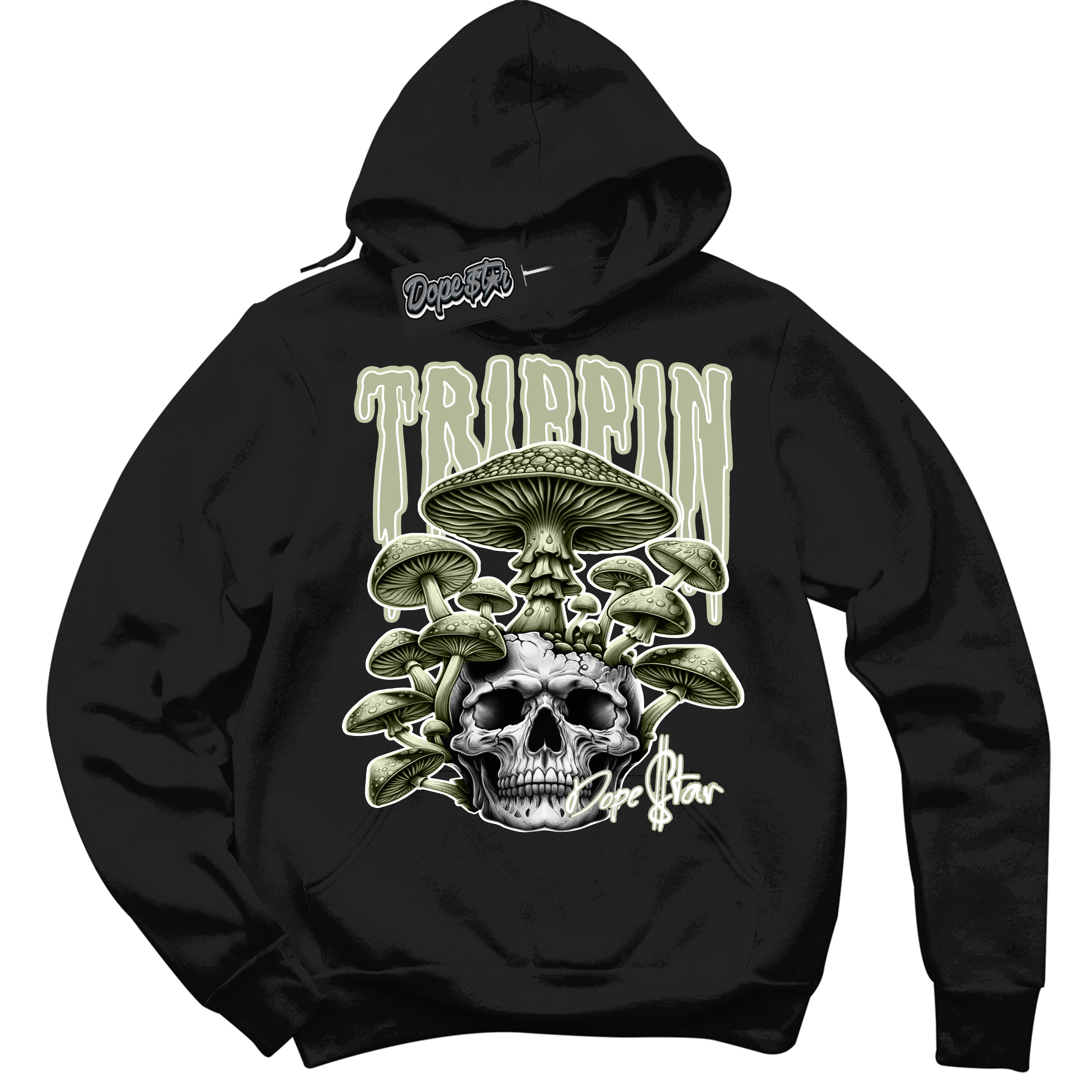 Cool Black Hoodie with “Trippin” design that Perfectly Matches Next Nature Olive Aura Dunk Sneakers.