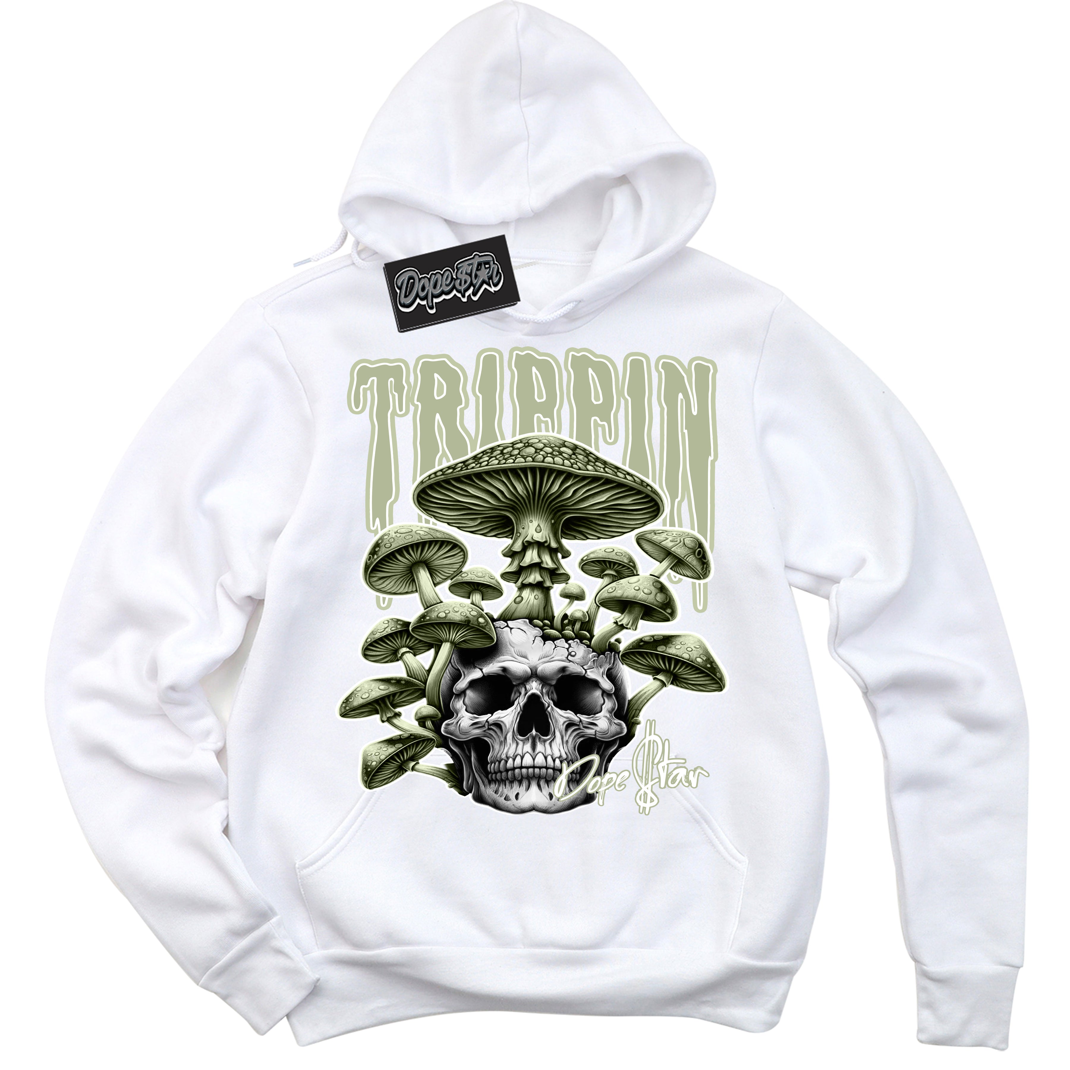 Cool White Hoodie with “Trippin” design that Perfectly Matches Next Nature Olive Aura Dunk Sneakers.