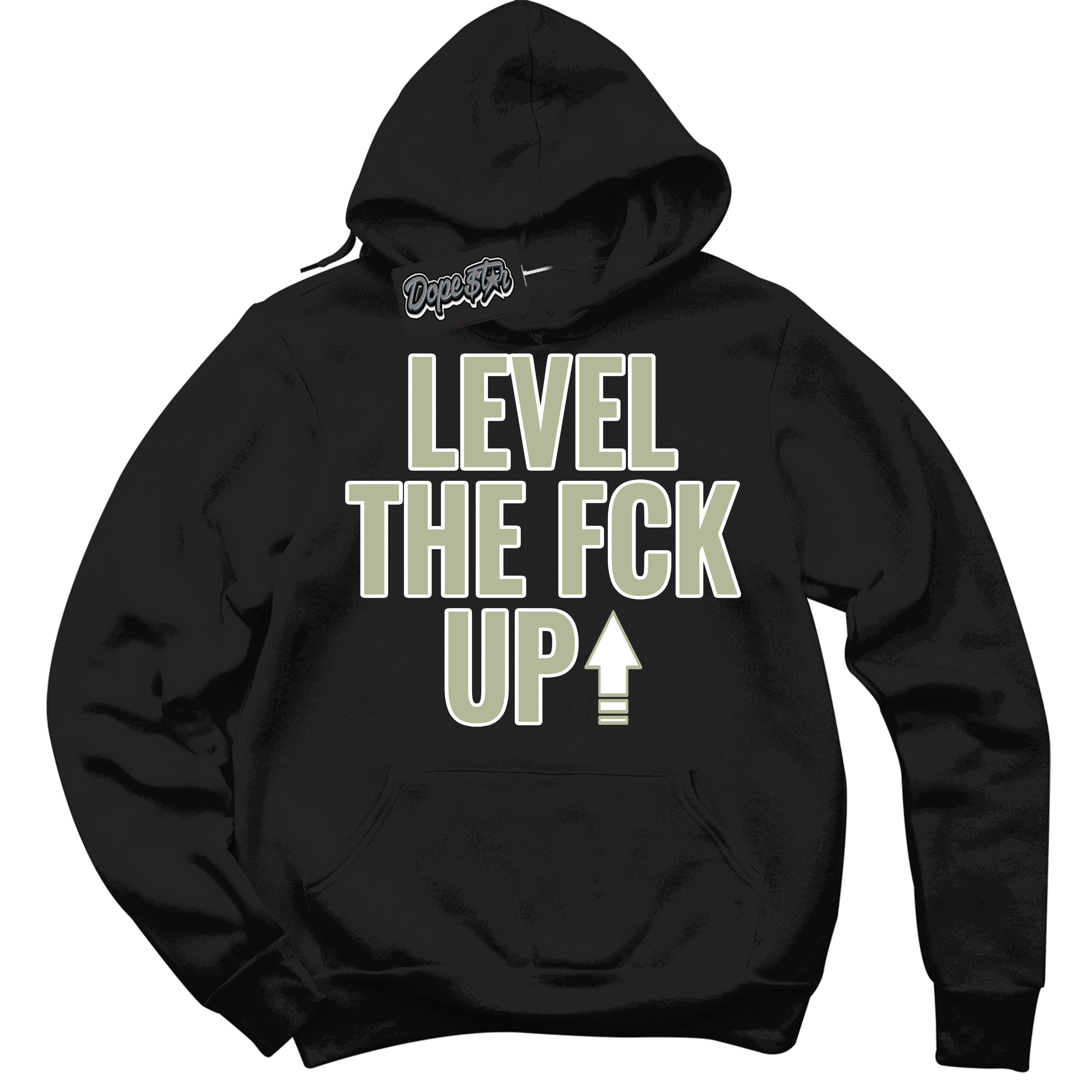 Cool Black Hoodie with “ Level The Fck Up ”  design that Perfectly Matches Next Nature Olive Aura Dunks.
