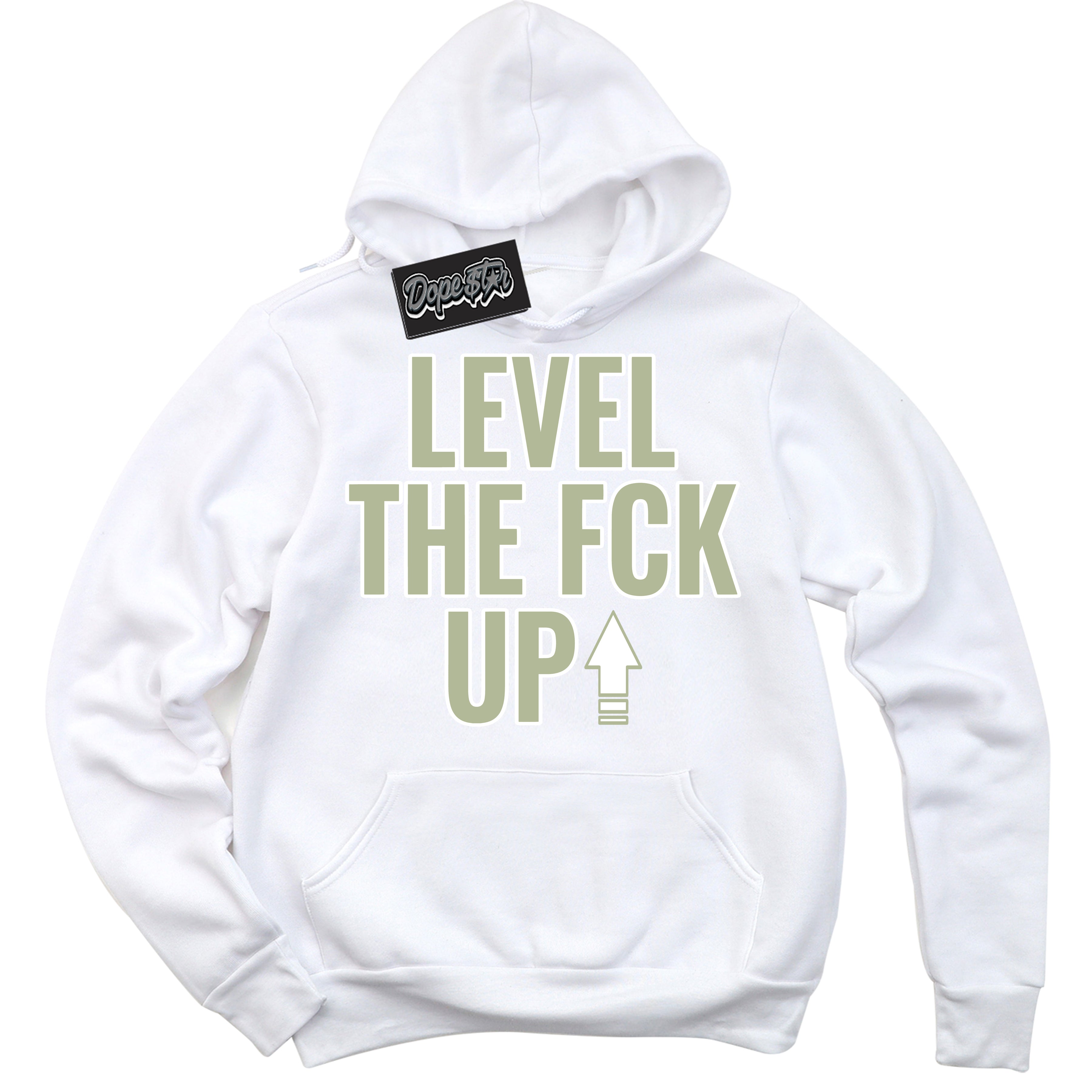 Cool White Hoodie with “ Level The Fck Up ”  design that Perfectly Matches Next Nature Olive Aura Dunks.
