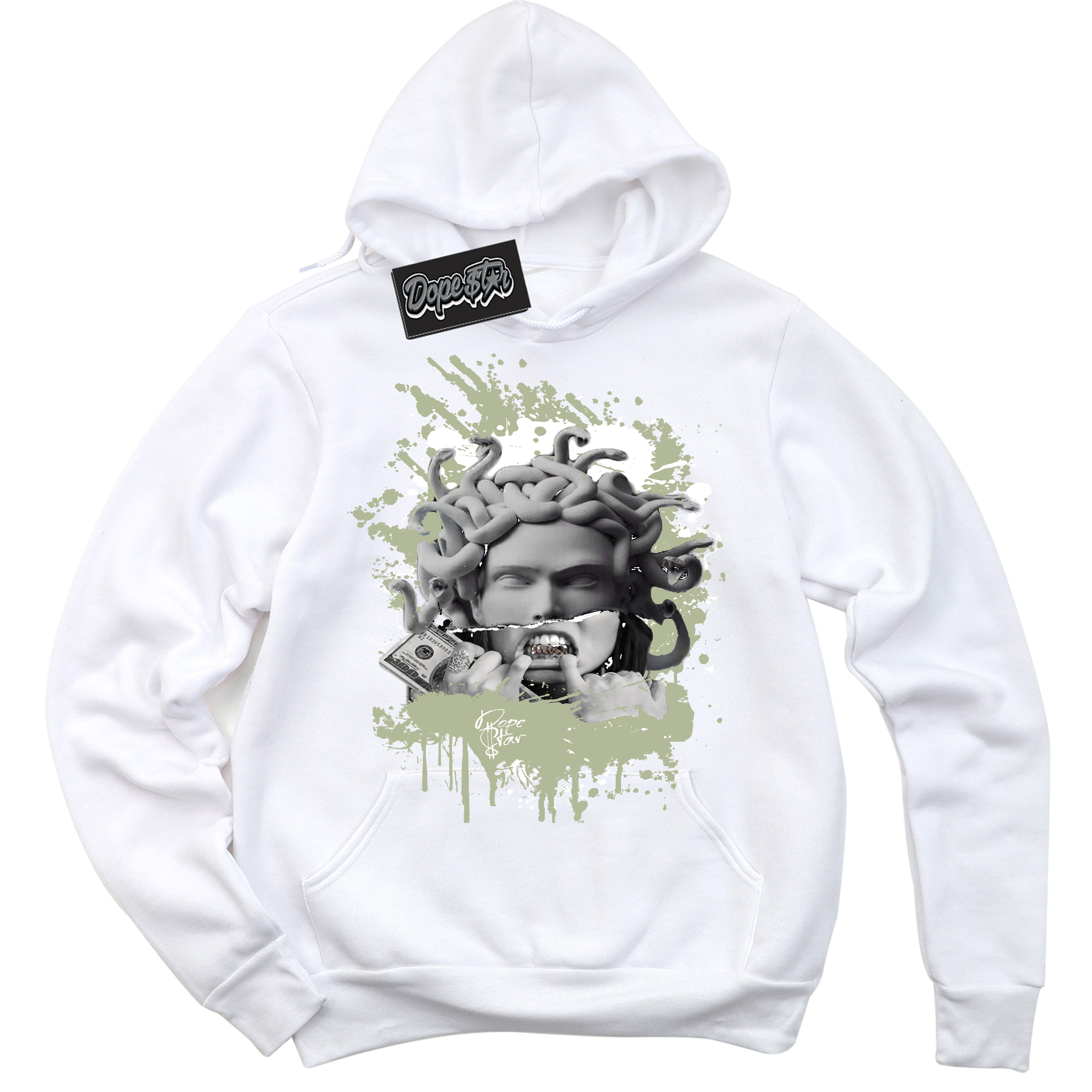 Cool White Hoodie with “ Medusa ”  design that Perfectly Matches Next Nature Olive Aura Dunks.
