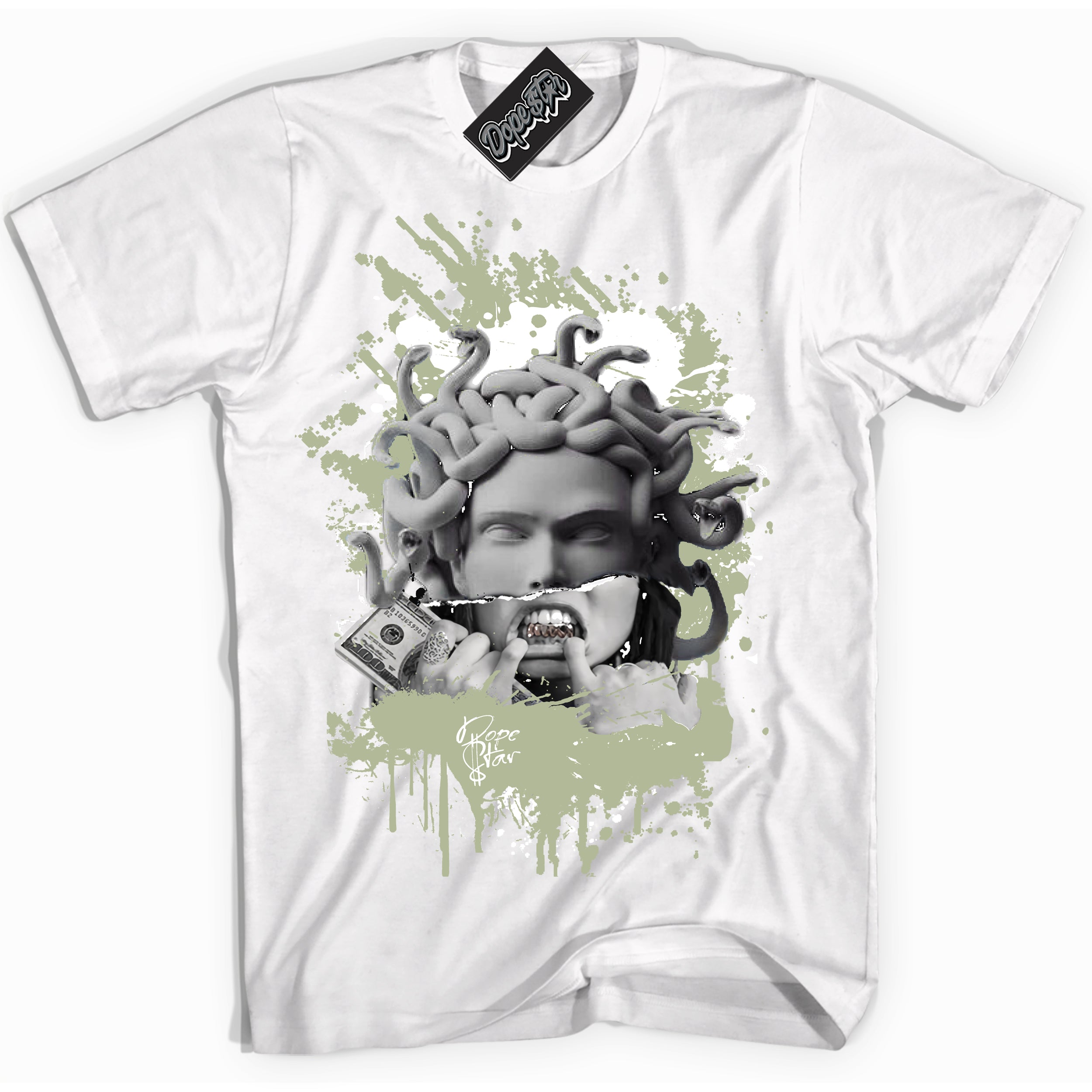 Cool White Shirt with “ Medusa ” design that perfectly matches Next Nature Olive Aura Dunks.
