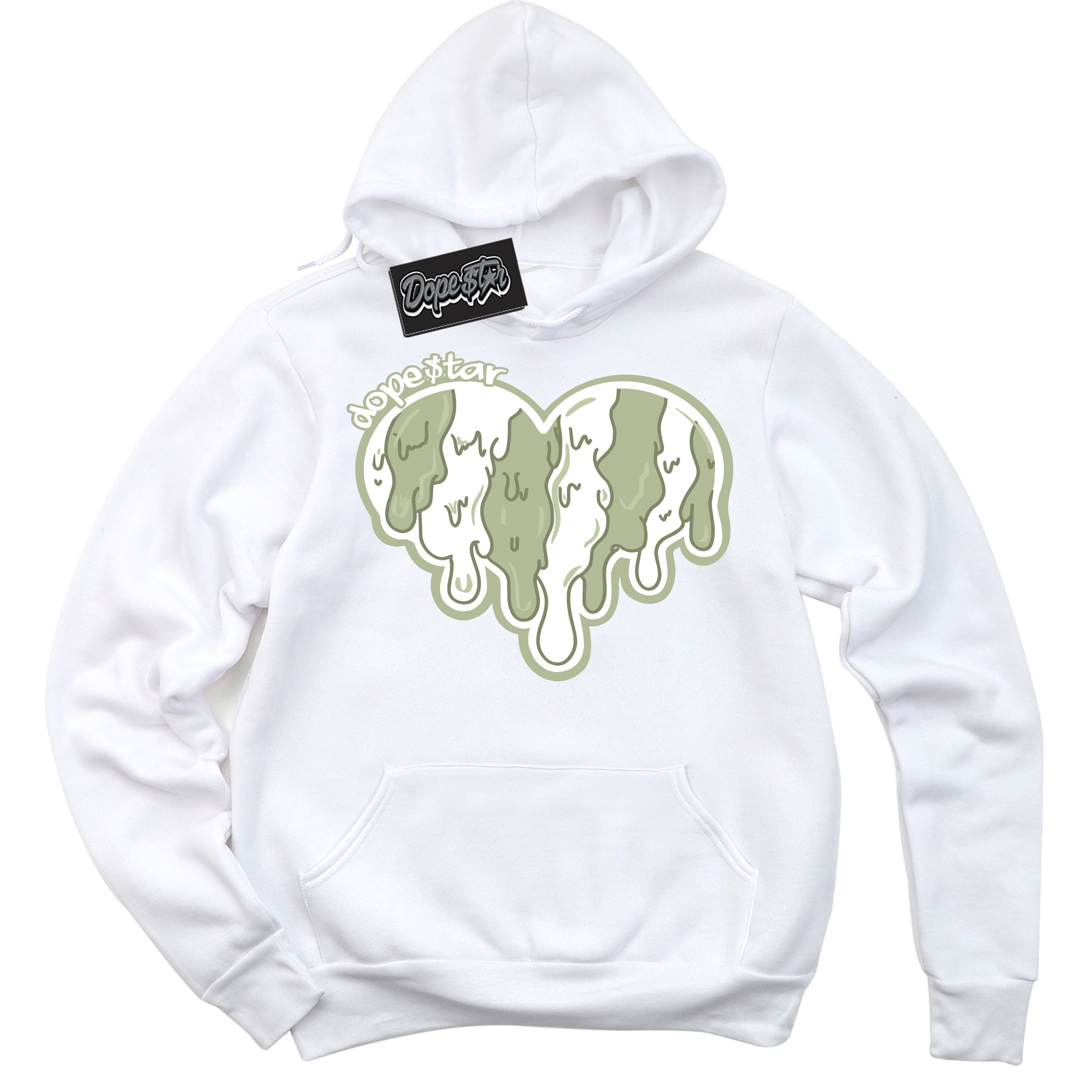 Cool White Hoodie with “ Melting Heart ”  design that Perfectly Matches Next Nature Olive Aura Dunks.
