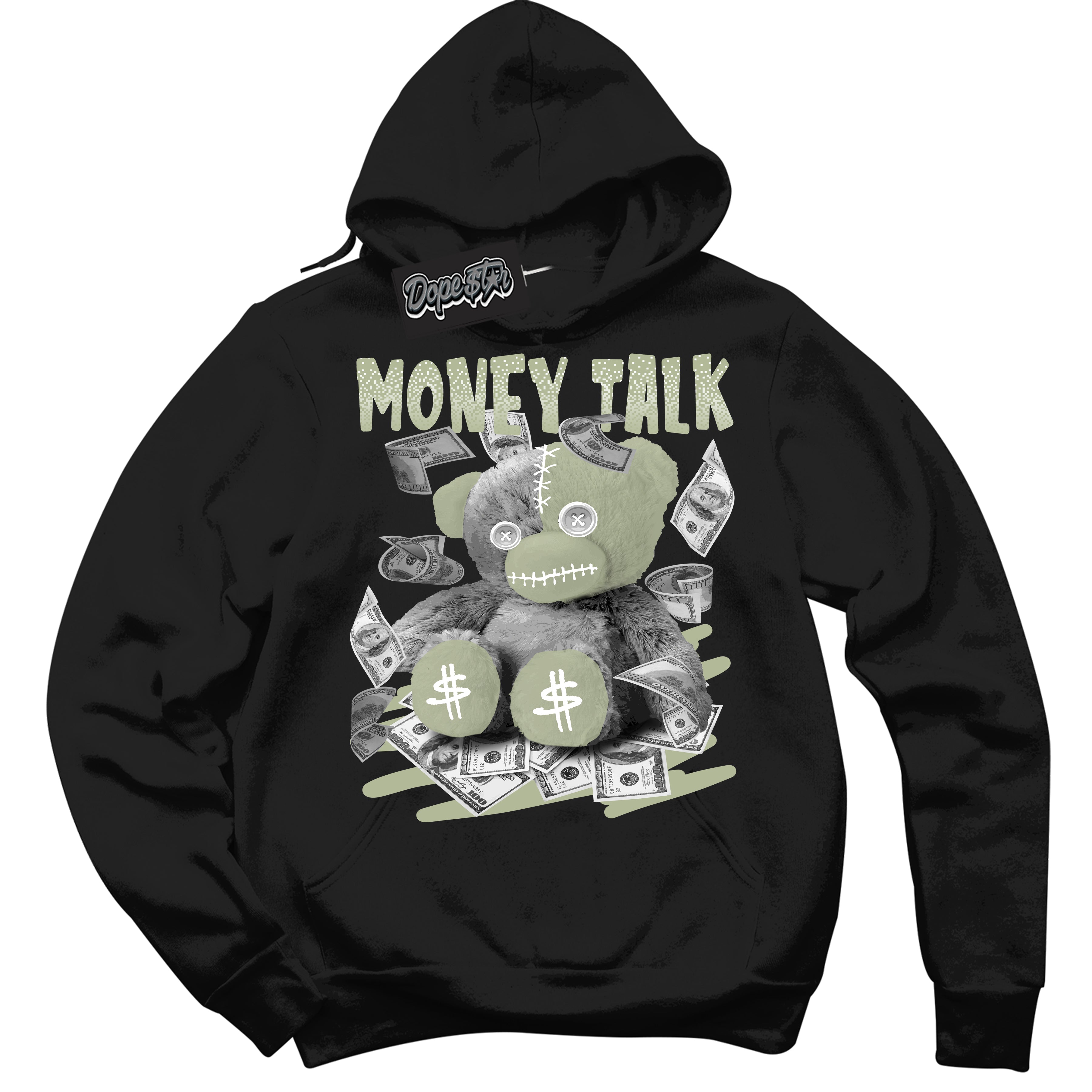 Cool Black Hoodie with “ Money Talk Bear ”  design that Perfectly Matches Next Nature Olive Aura Dunks.
