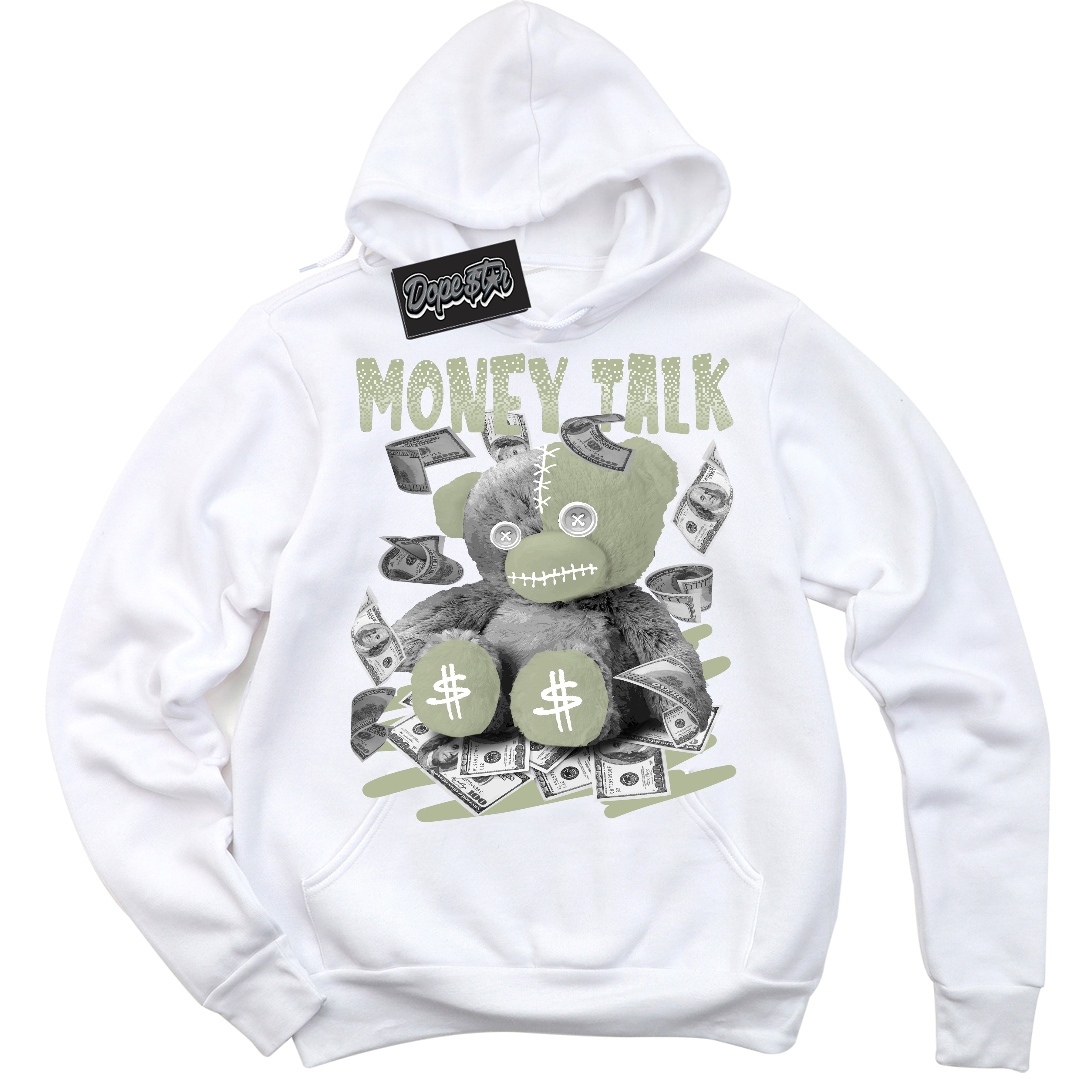 Cool White Hoodie with “ Money Talk Bear ”  design that Perfectly Matches Next Nature Olive Aura Dunks.
