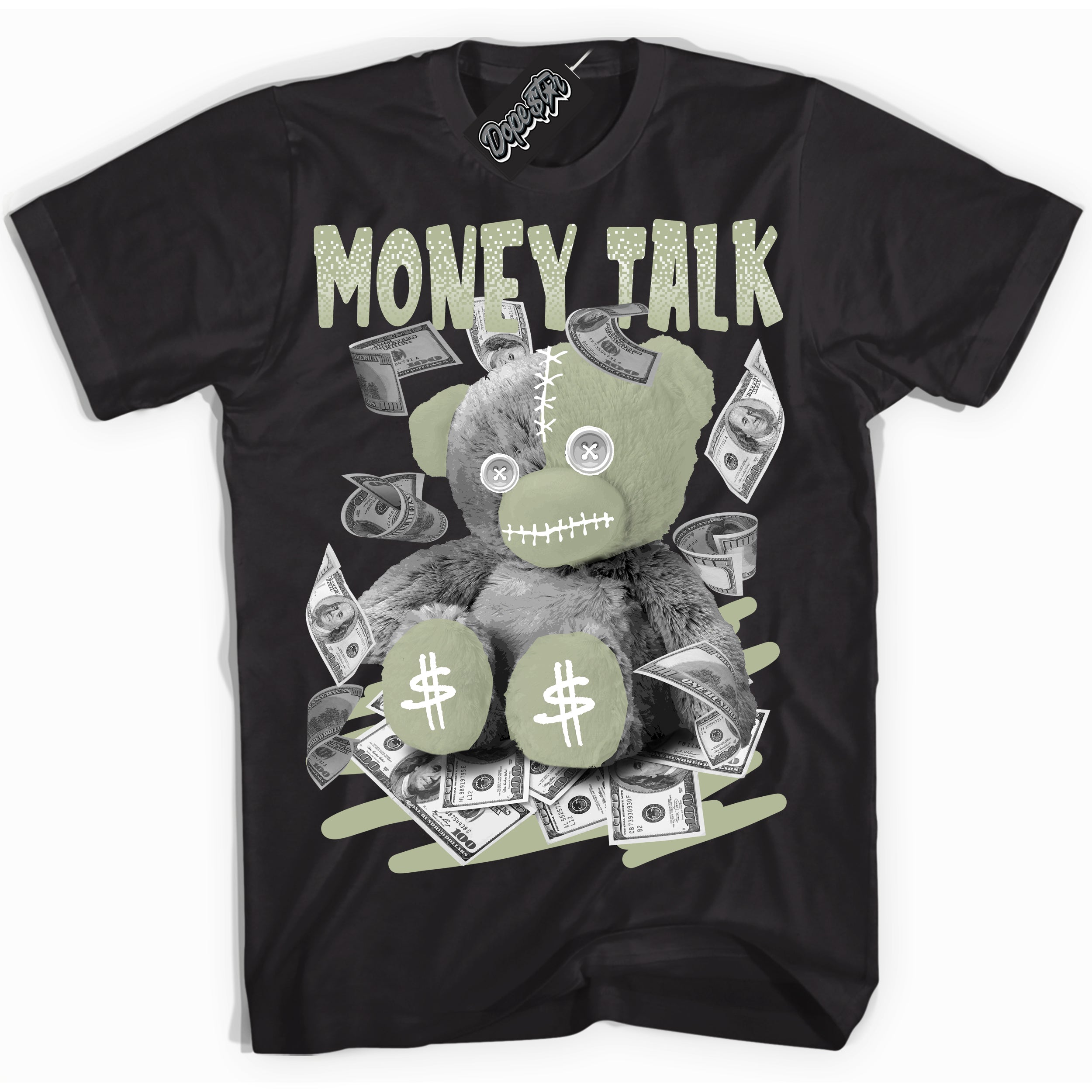 Cool Black Shirt with “ Money Talk Bear ” design that perfectly matches Next Nature Olive Aura Dunks.
