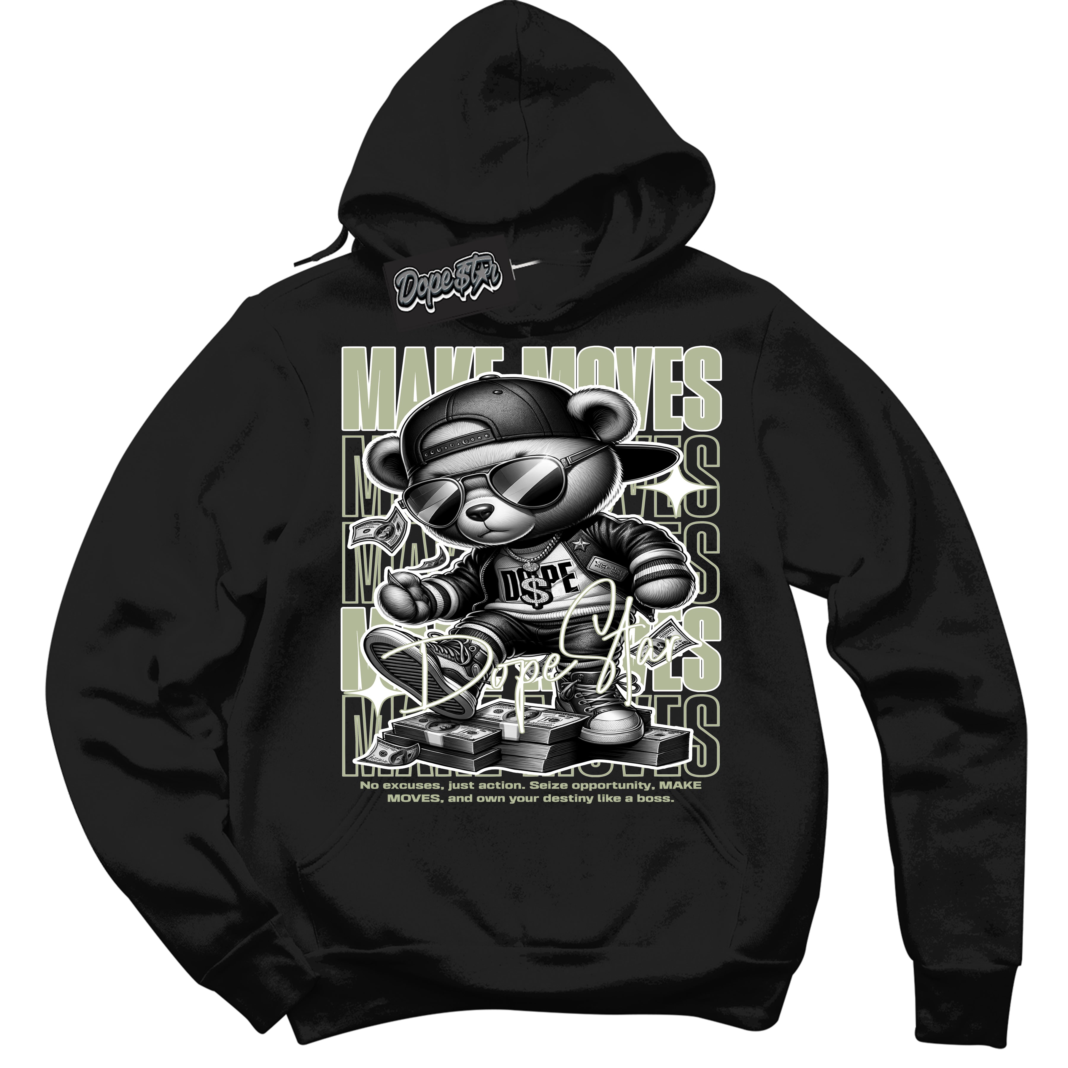 Cool Black Hoodie with “ Makin Moves ”  design that Perfectly Matches Next Nature Olive Aura Sneakers.