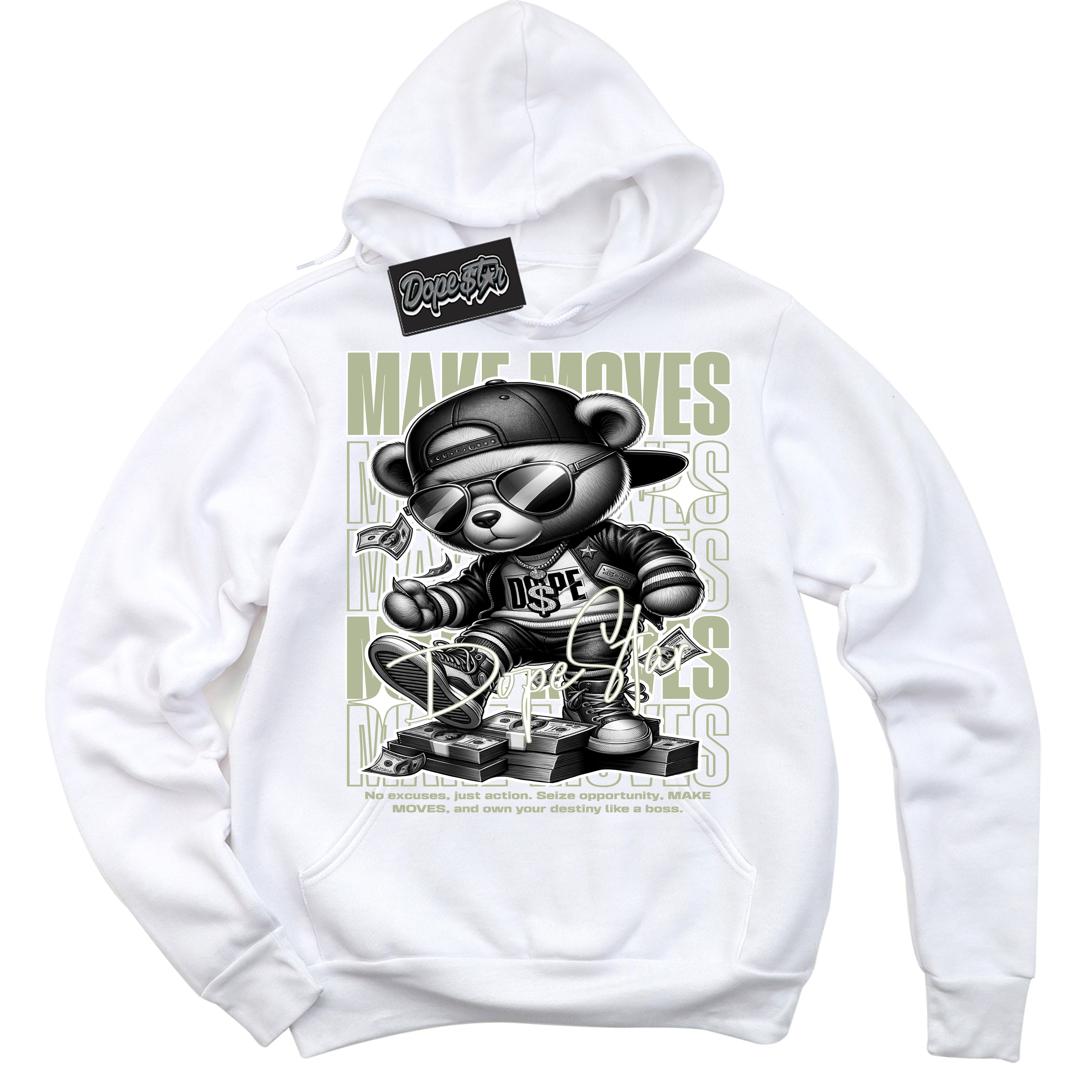 Cool White Hoodie with “ Makin Moves ”  design that Perfectly Matches Next Nature Olive Aura Sneakers.