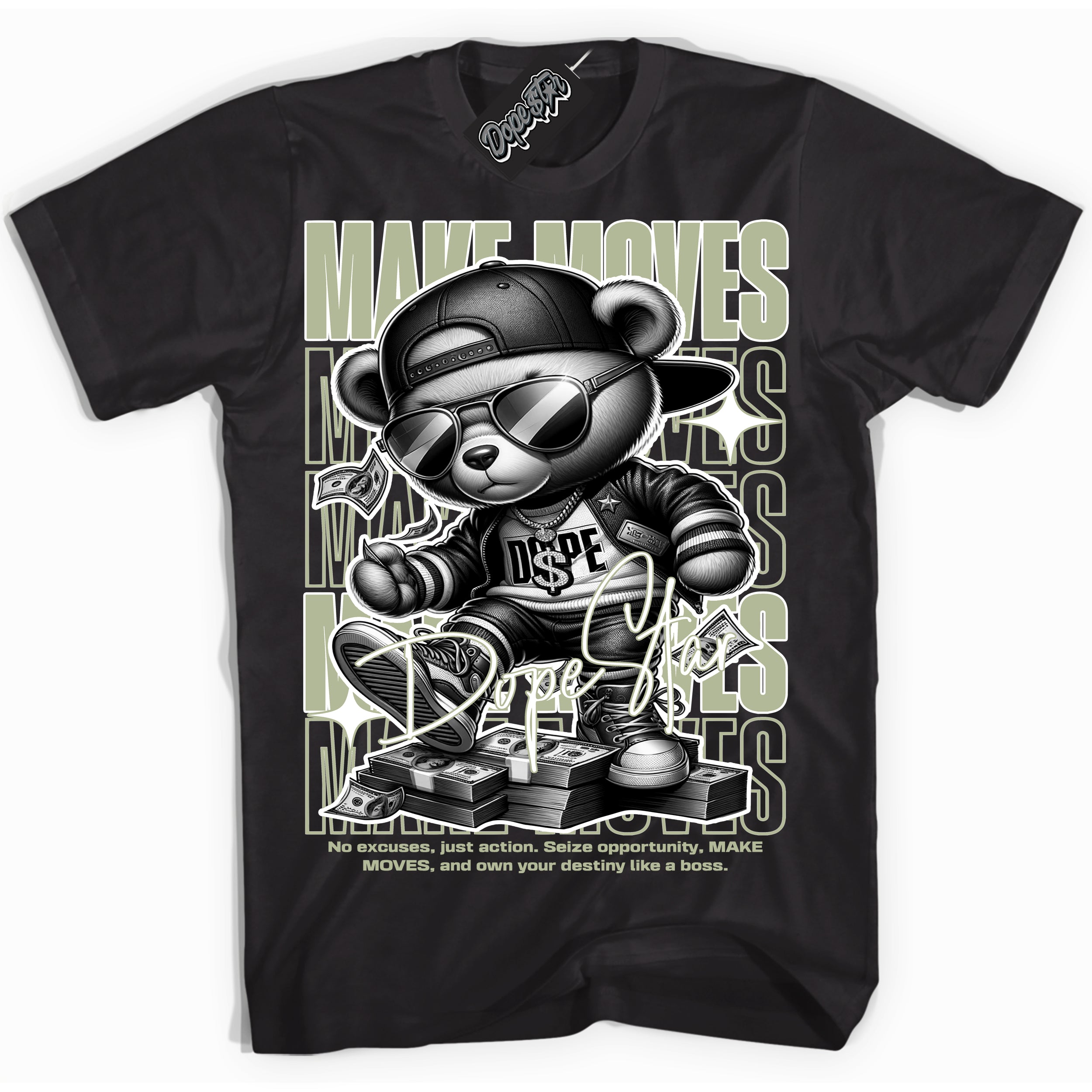 Cool Black Shirt with “ Makin Moves” design that perfectly matches Next Nature Olive Aura Sneakers.