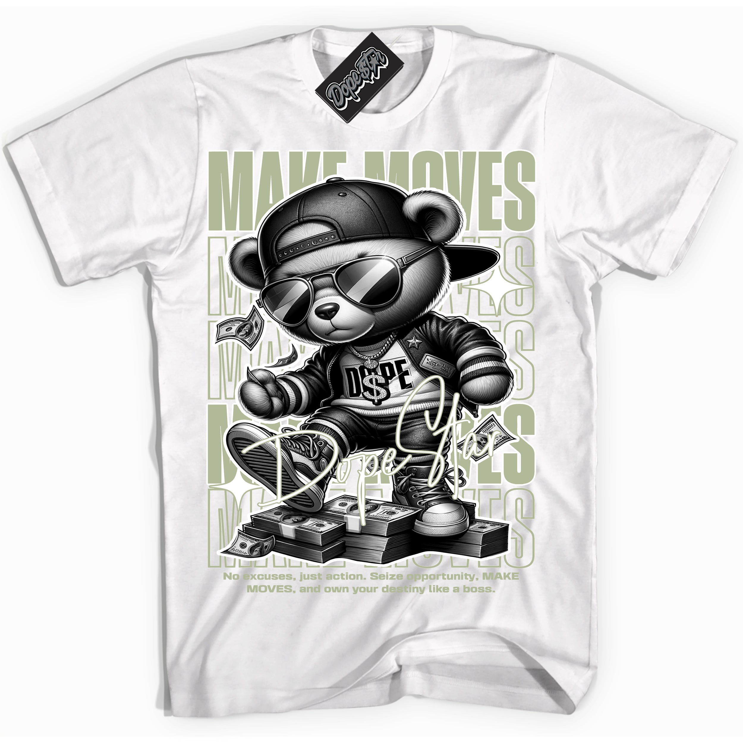 Cool White Shirt with “ Makin Moves” design that perfectly matches Next Nature Olive Aura Sneakers.