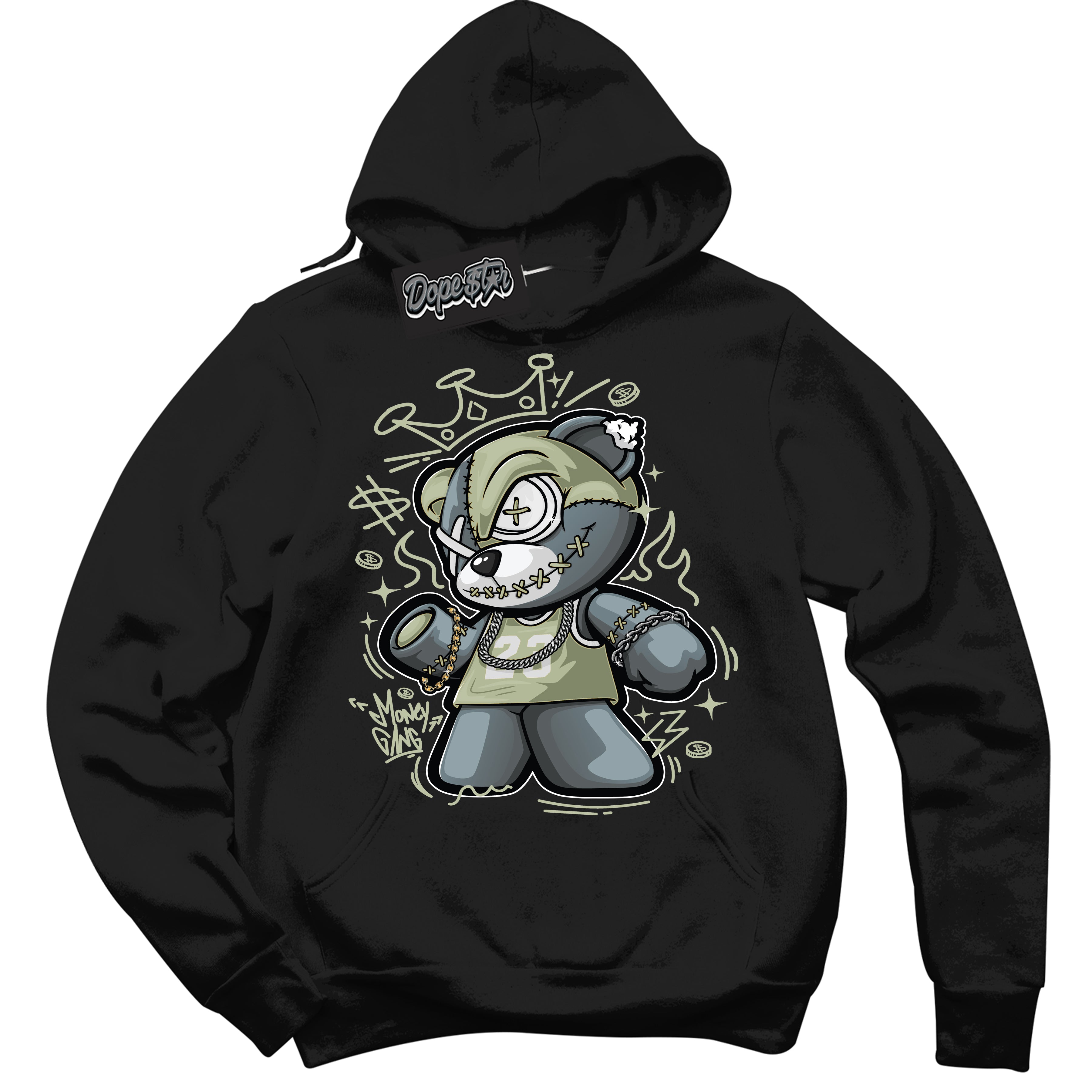 Cool Black Hoodie with “ Money Gang Bear ”  design that Perfectly Matches Next Nature Olive Aura Dunks.
