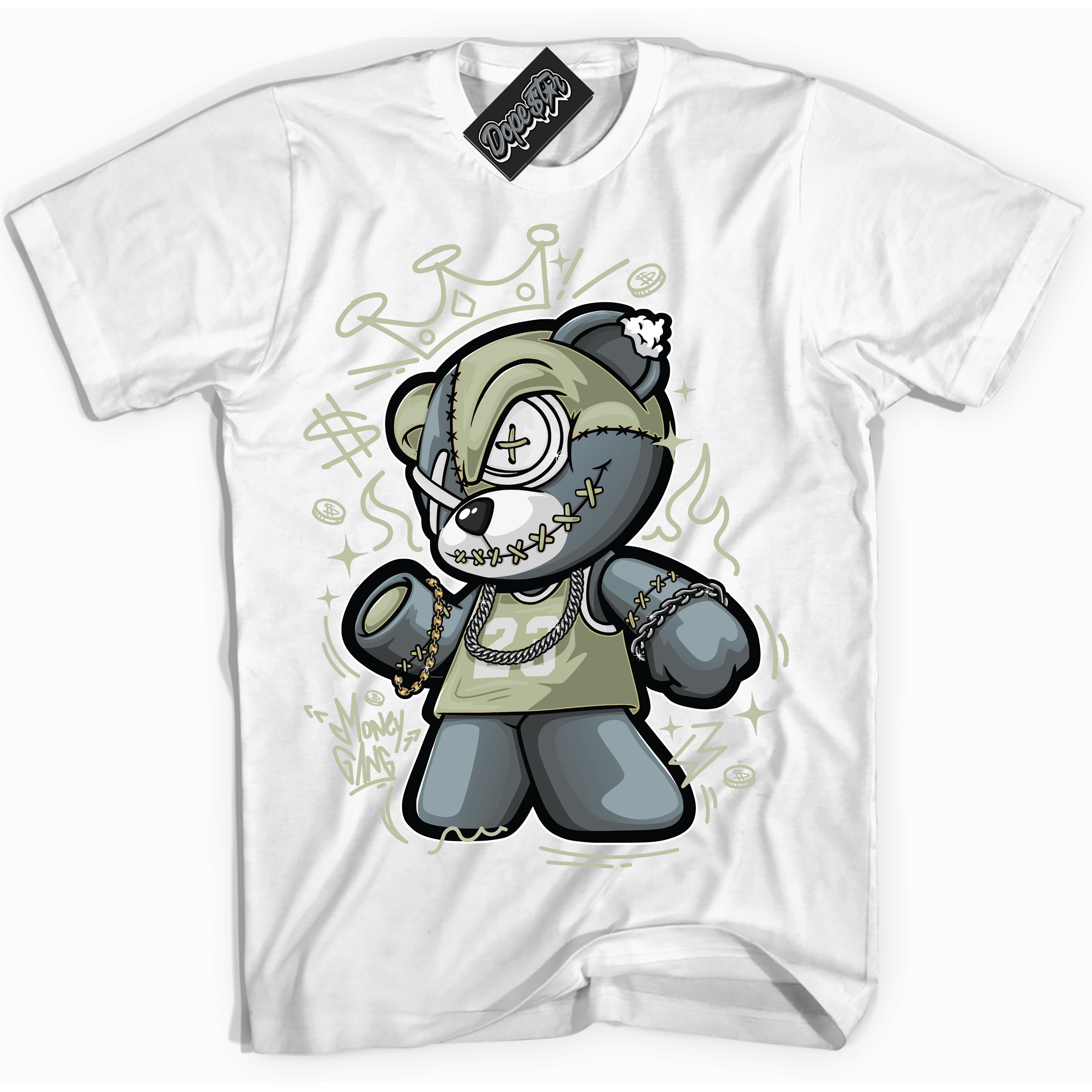 Cool White Shirt with “ Money Gang Bear ” design that perfectly matches Next Nature Olive Aura Dunks.
