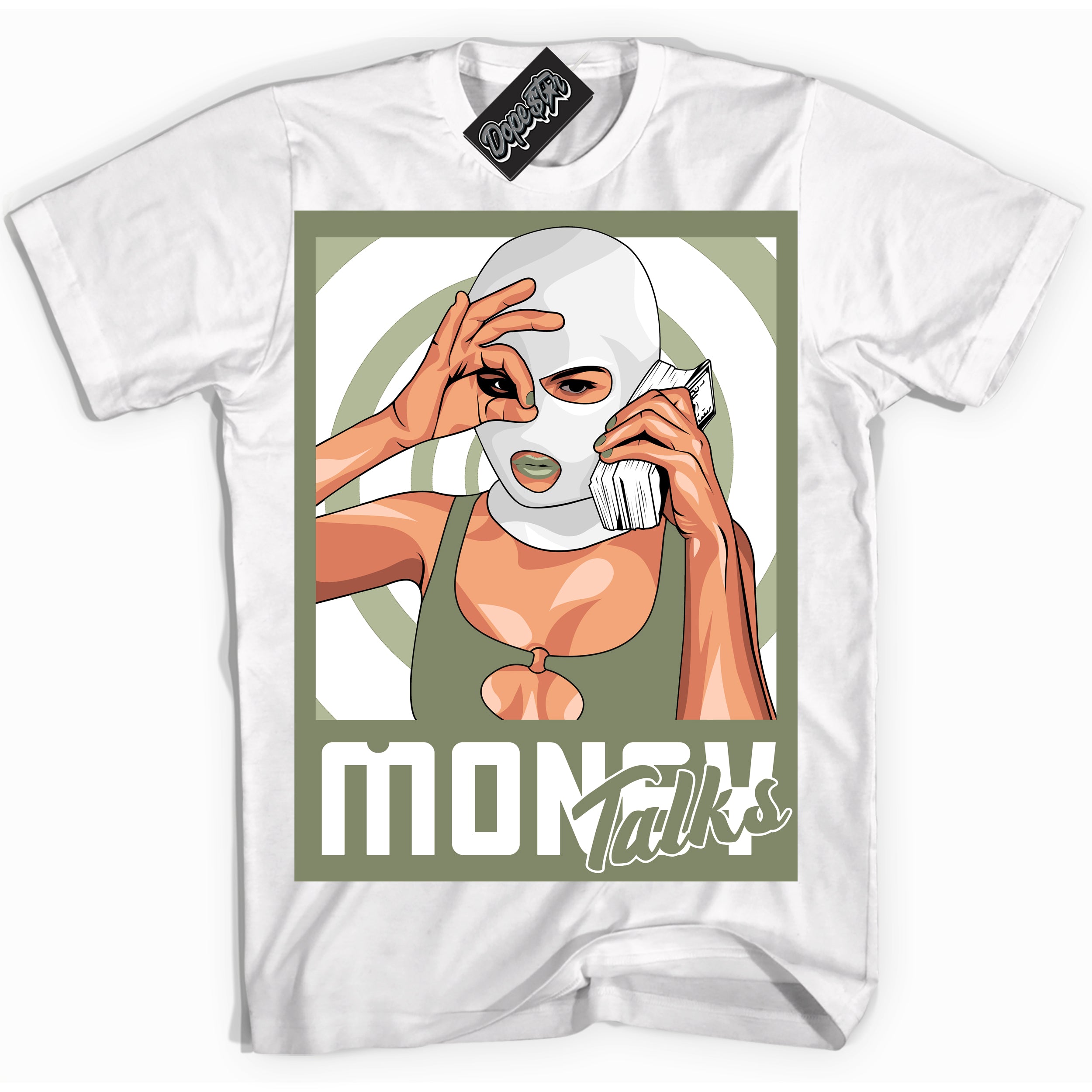 Cool White Shirt with “ Money Talks ” design that perfectly matches Next Nature Olive Aura Dunks.
