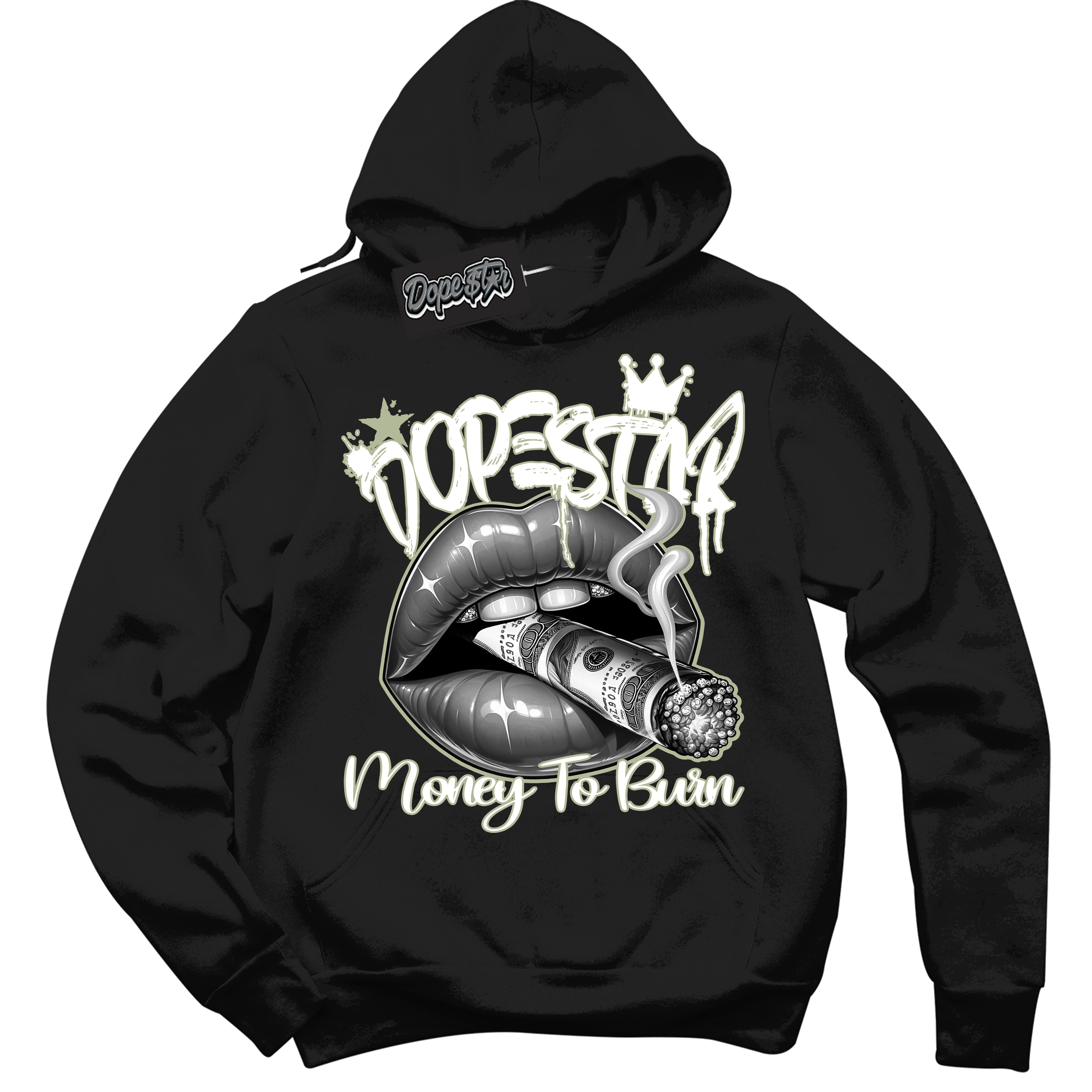 Cool Black Hoodie with “ Money To Burn ”  design that Perfectly Matches Next Nature Olive Aura Sneakers.