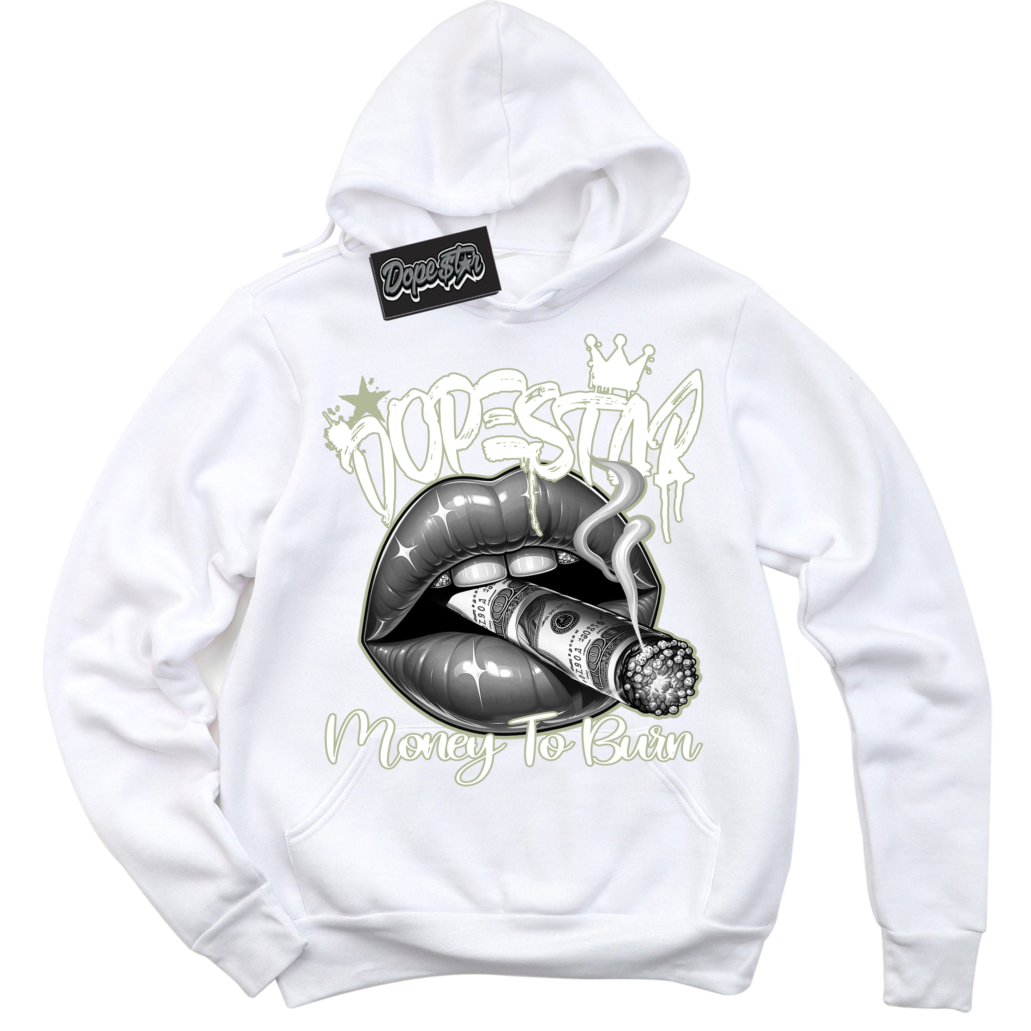 Cool White Hoodie with “ Money To Burn ”  design that Perfectly Matches Next Nature Olive Aura Sneakers.