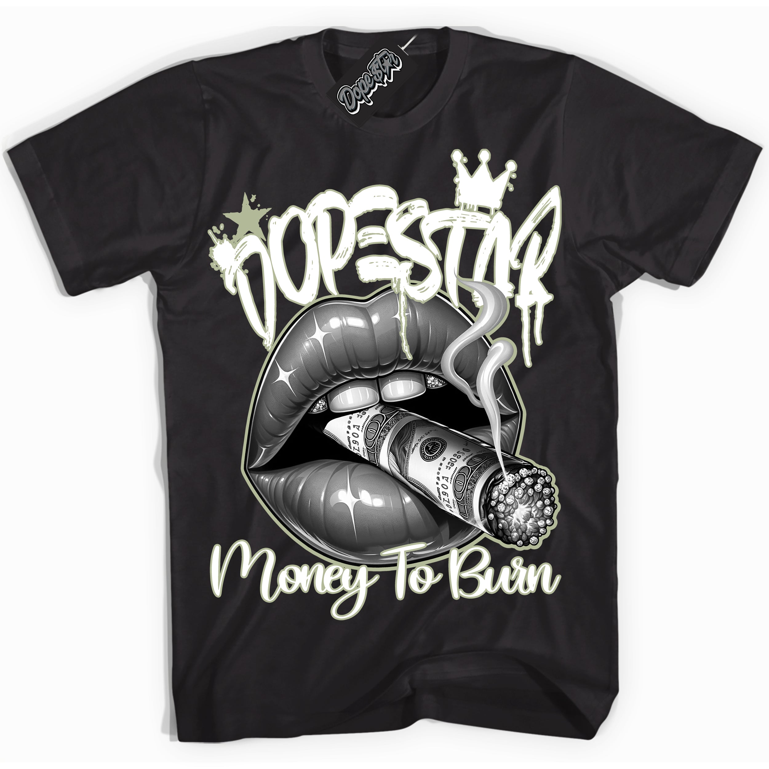 Cool Black Shirt with “ Money To Burn” design that perfectly matches Next Nature Olive Aura Sneakers.