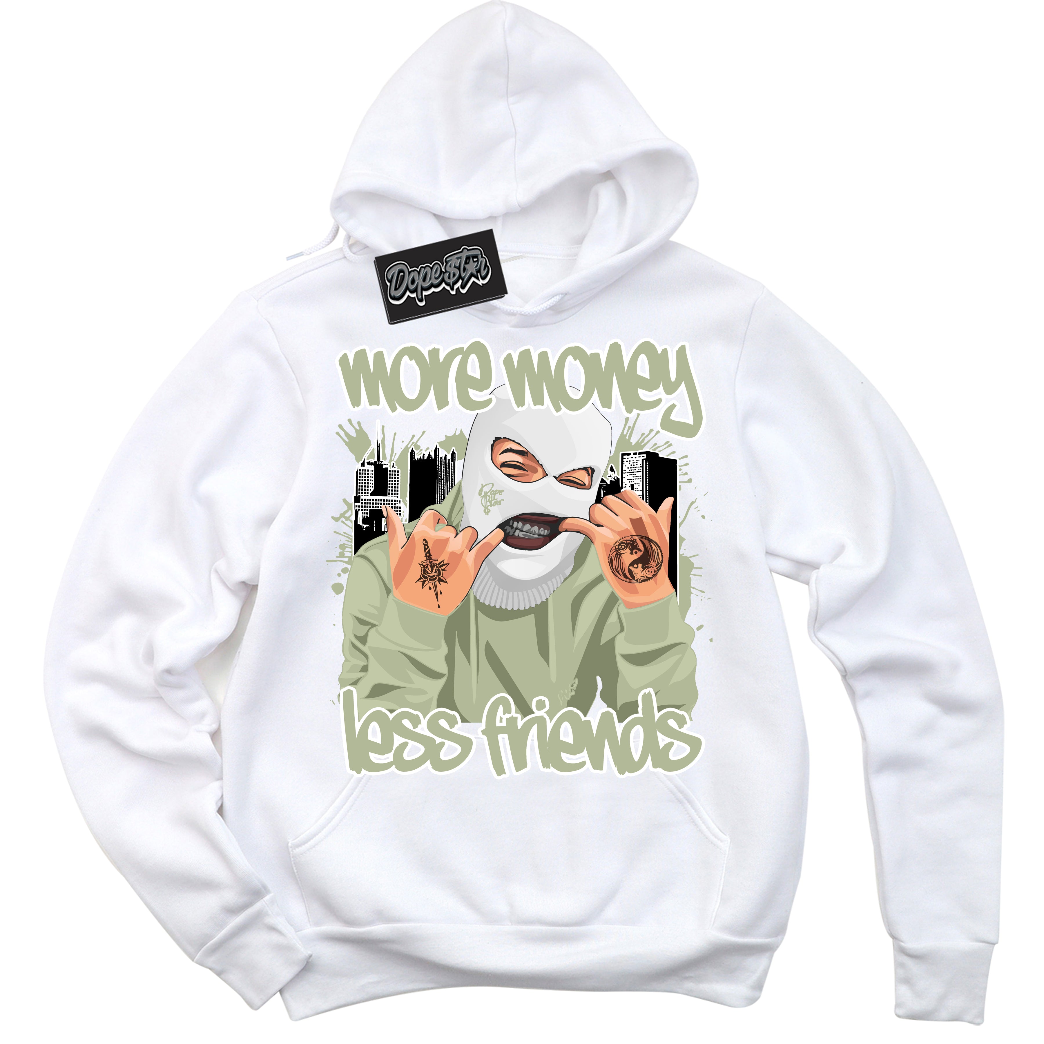 Cool White Hoodie with “ More Money Less Friends ”  design that Perfectly Matches Next Nature Olive Aura Dunks.
