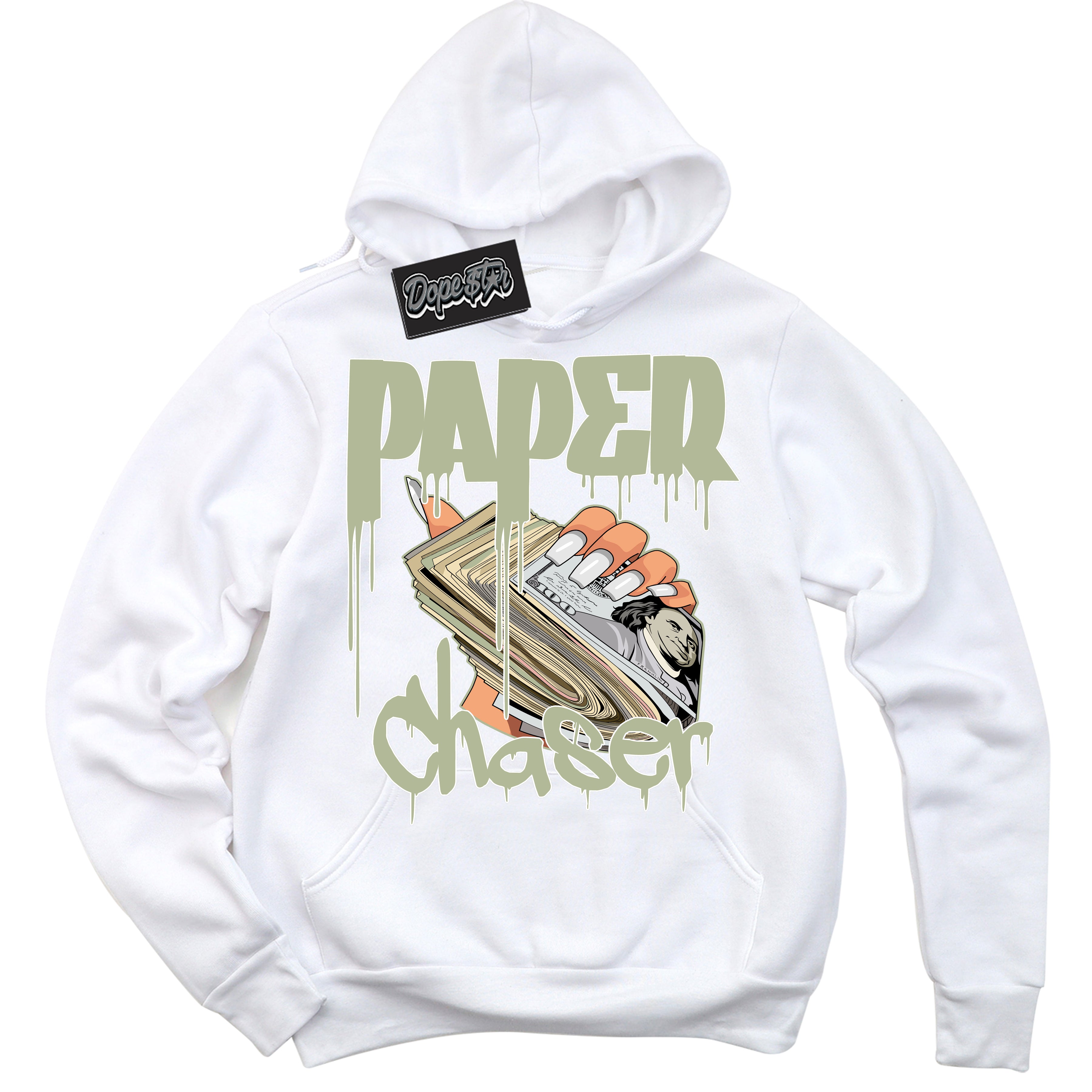 Cool White Hoodie with “ Paper Chaser ”  design that Perfectly Matches Next Nature Olive Aura Dunks.
