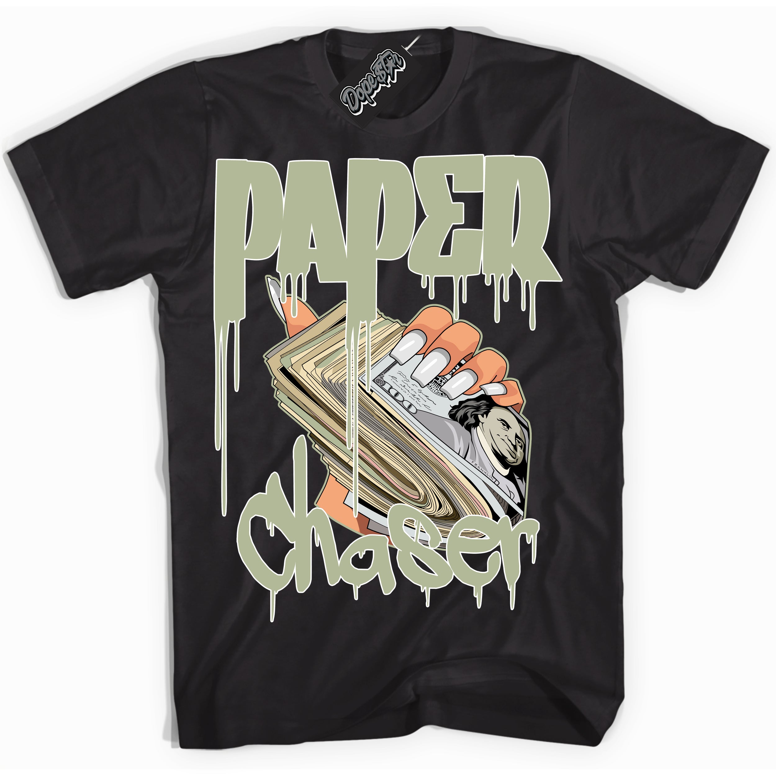 Cool Black Shirt with “ Paper Chaser ” design that perfectly matches Next Nature Olive Aura Dunks.
