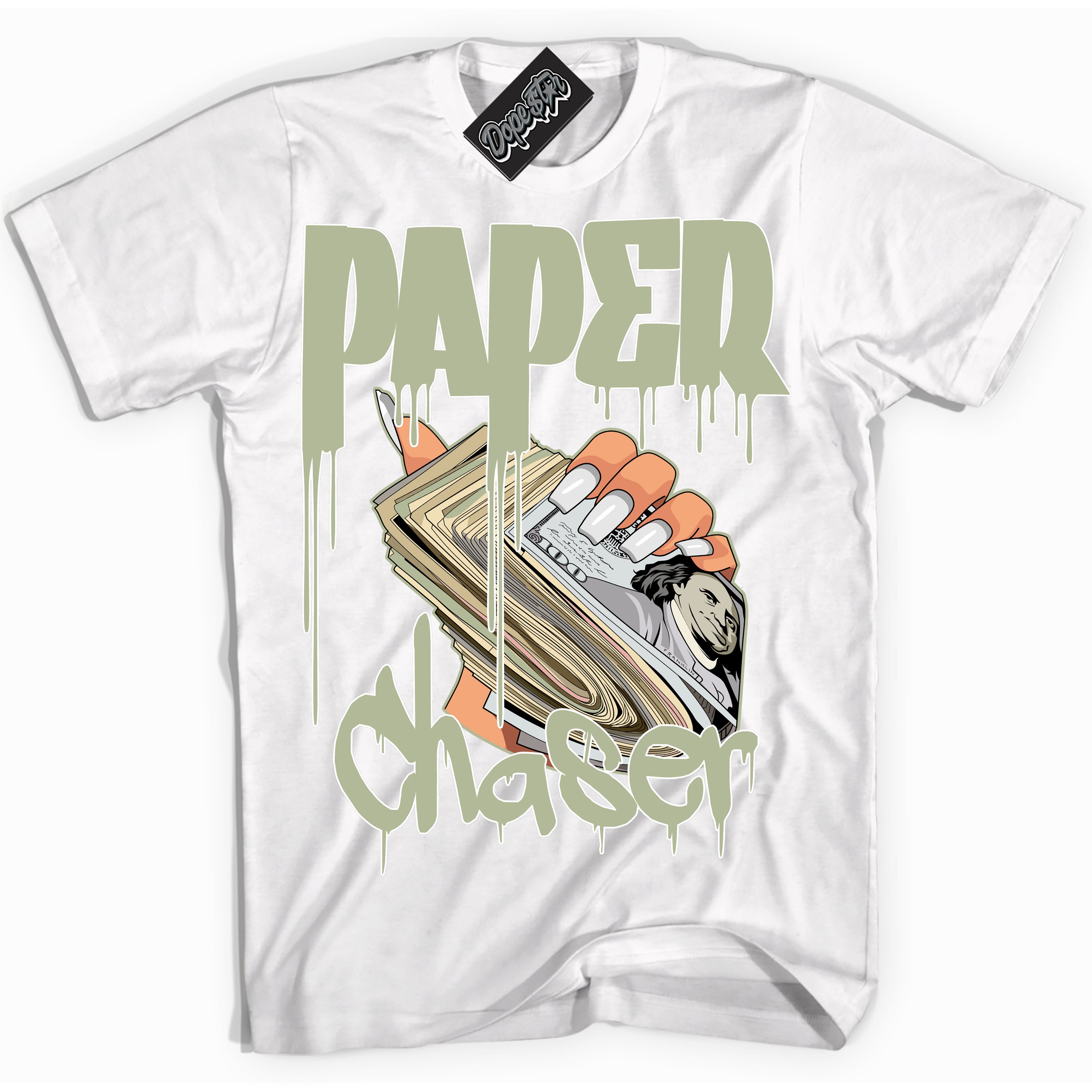 Cool White Shirt with “ Paper Chaser ” design that perfectly matches Next Nature Olive Aura Dunks.
