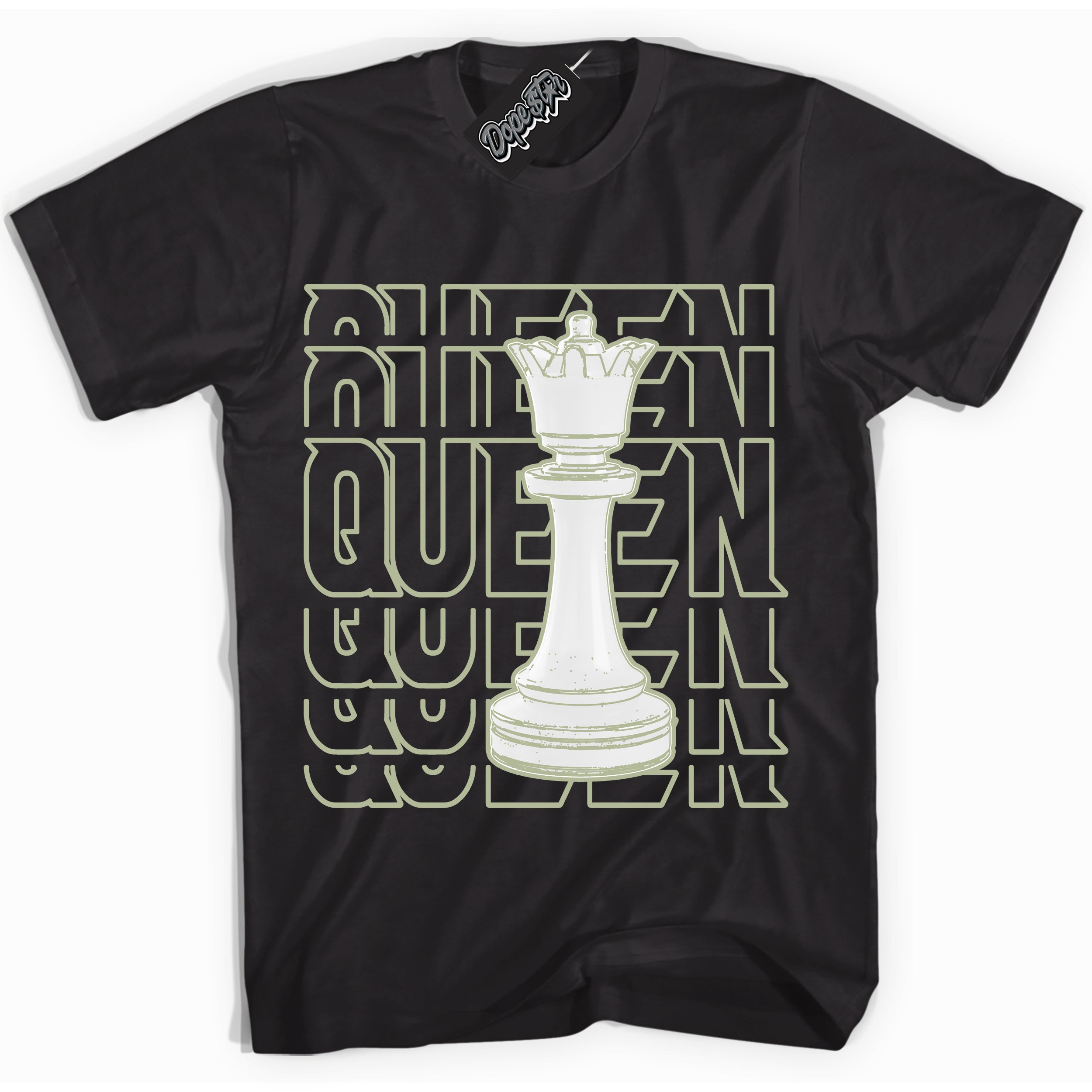 Cool Black Shirt with “ Queen Chess ” design that perfectly matches Next Nature Olive Aura Dunks.
