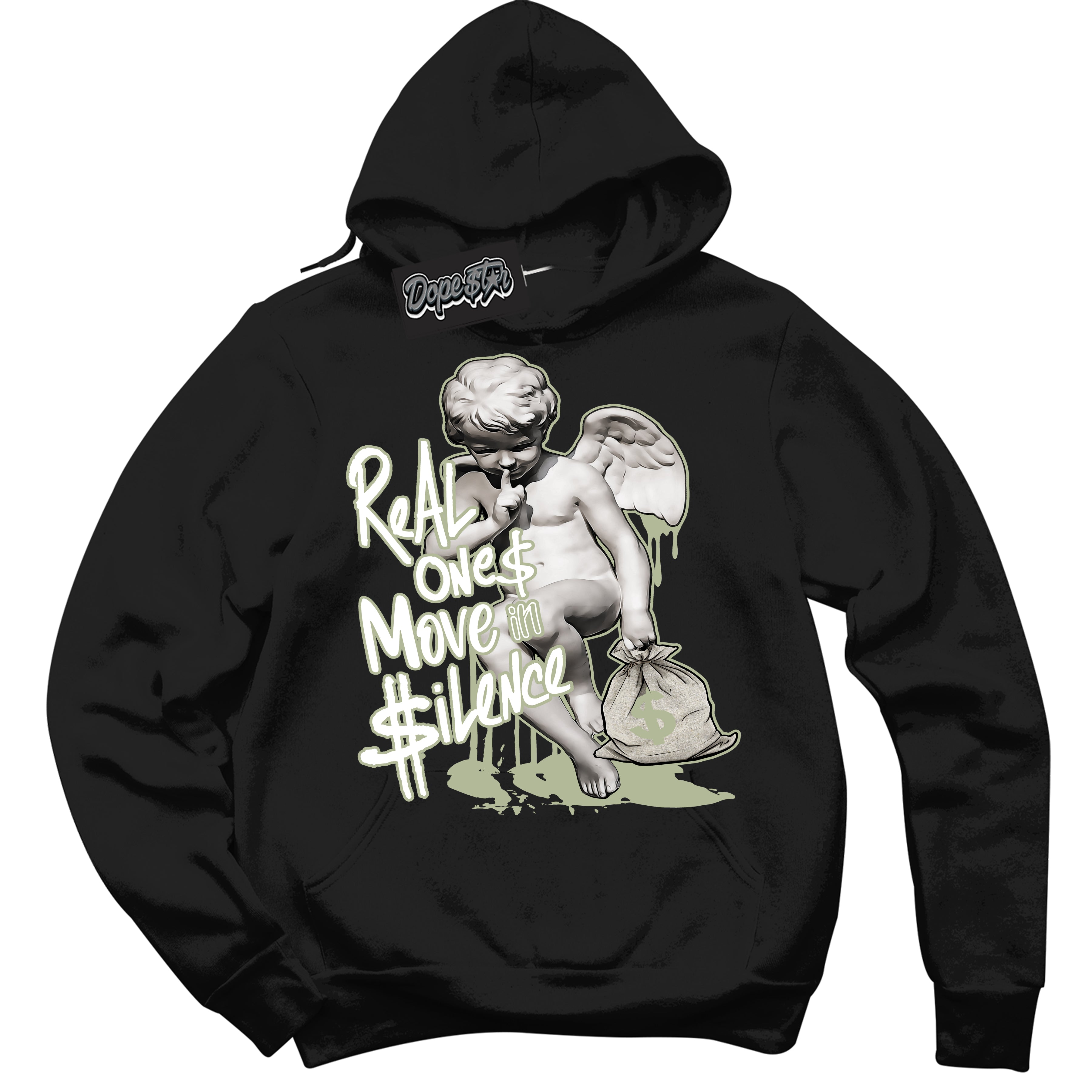 Cool Black Hoodie with “ Real Ones Cherub ”  design that Perfectly Matches Next Nature Olive Aura Dunks.
