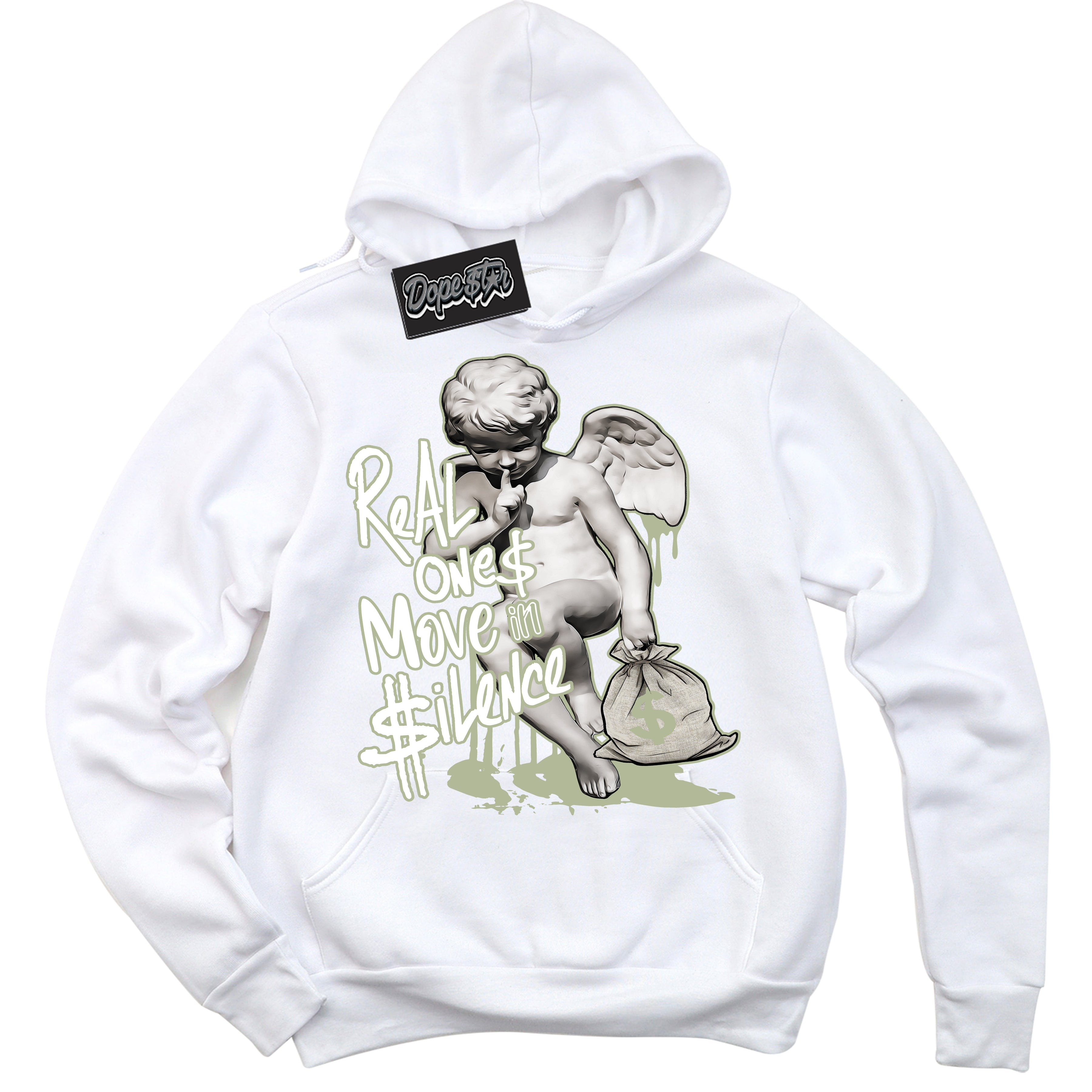 Cool White Hoodie with “ Real Ones Cherub ”  design that Perfectly Matches Next Nature Olive Aura Dunks.
