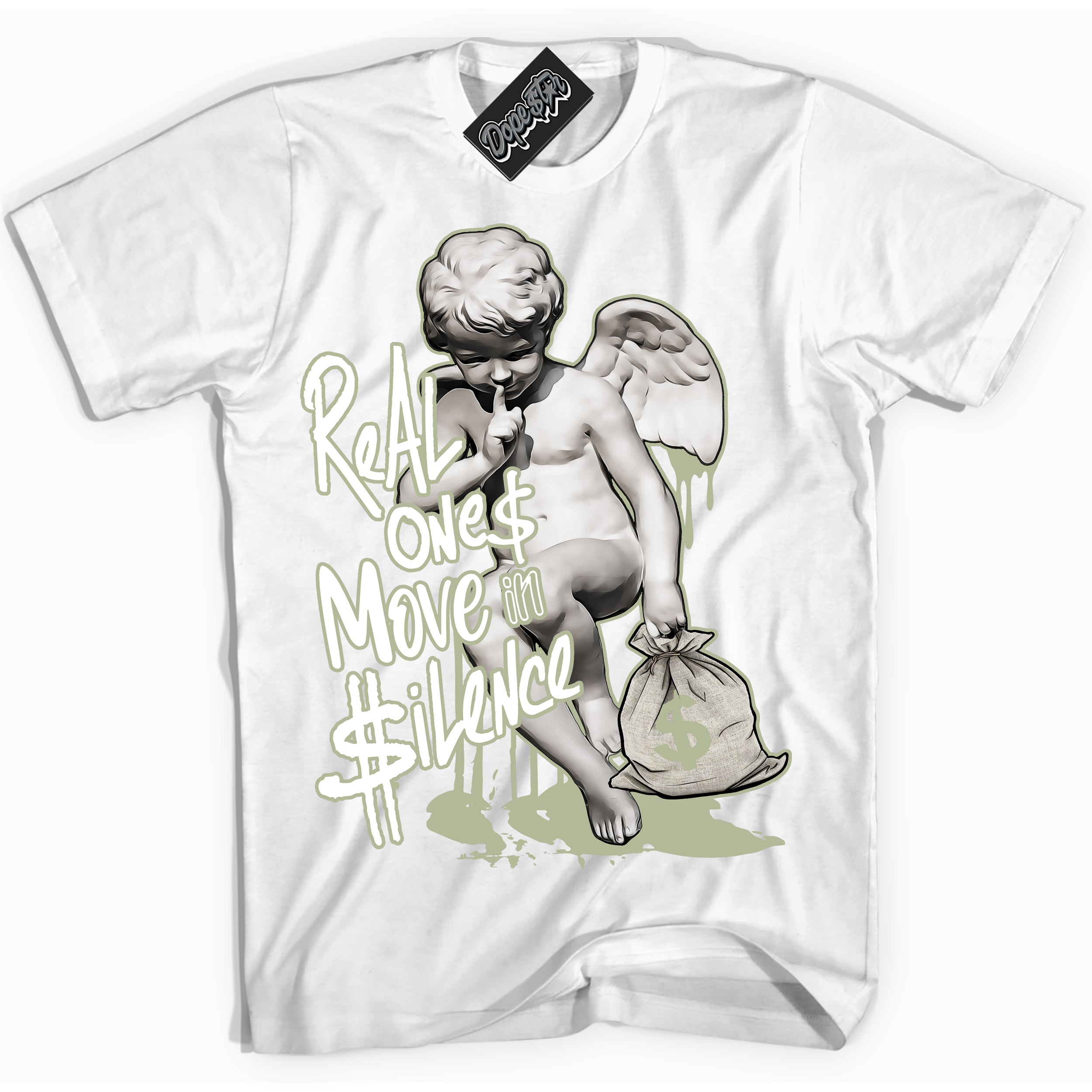 Cool White Shirt with “ Real Ones Cherub ” design that perfectly matches Next Nature Olive Aura Dunks.
