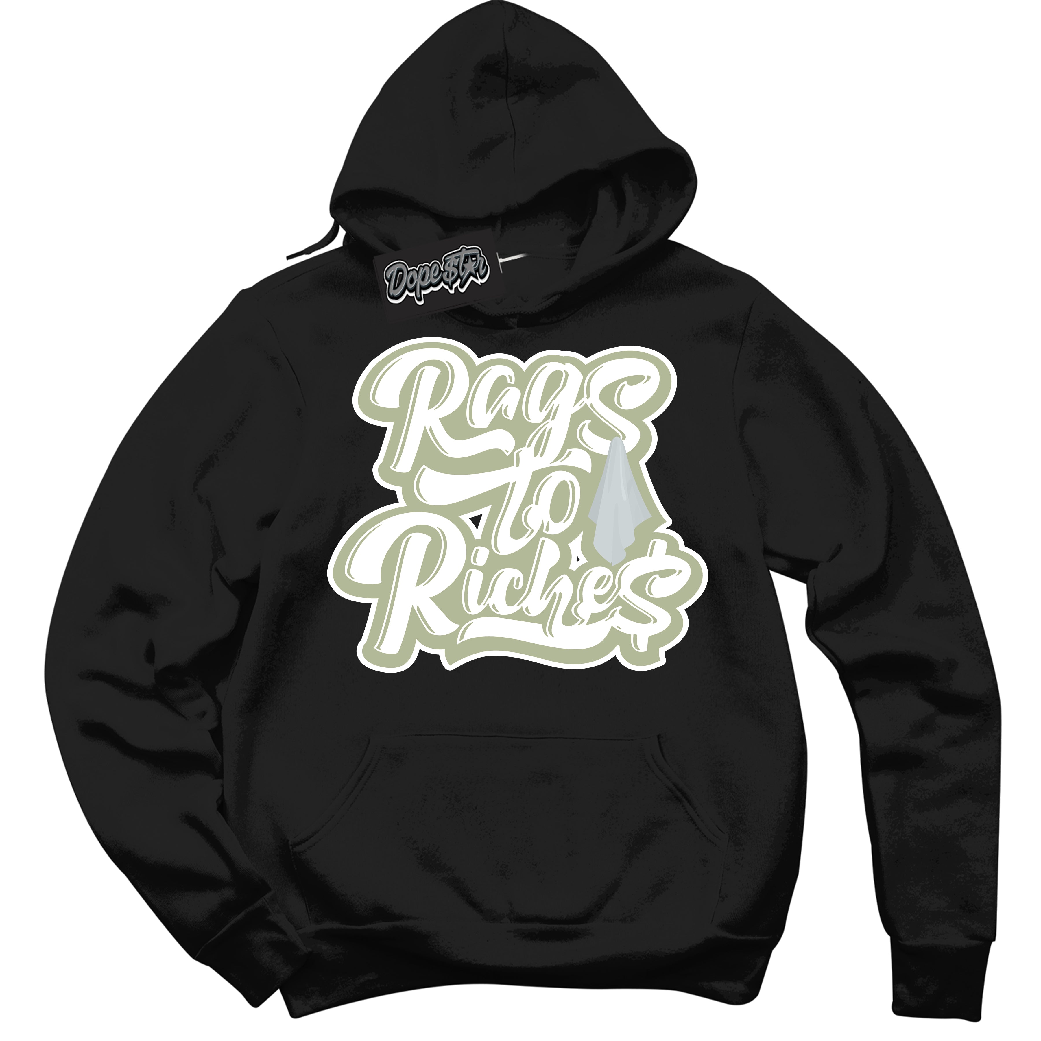 Cool Black Hoodie with “ Rags To Riches ”  design that Perfectly Matches Next Nature Olive Aura Dunks.
