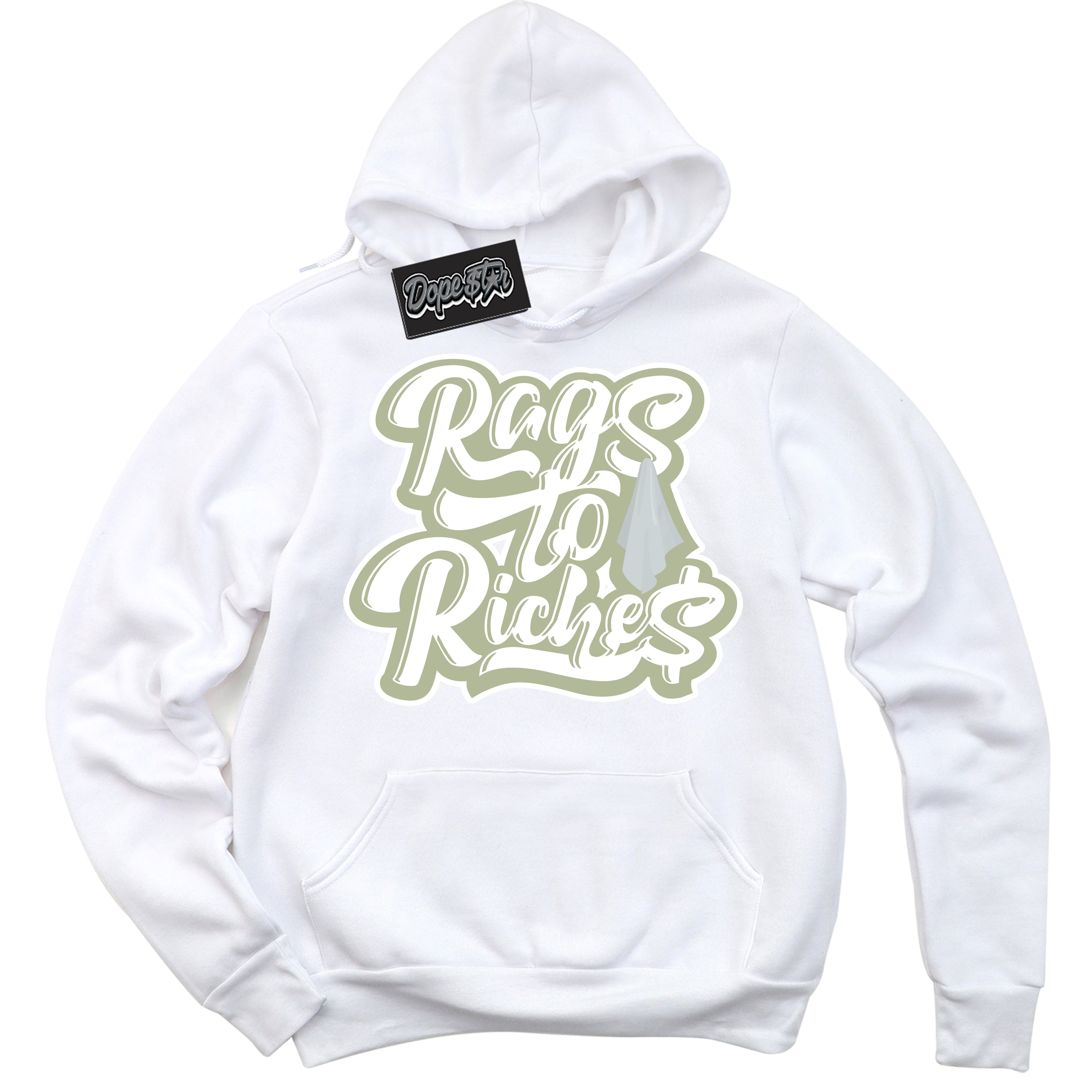 Cool White Hoodie with “ Rags To Riches ”  design that Perfectly Matches Next Nature Olive Aura Dunks.
