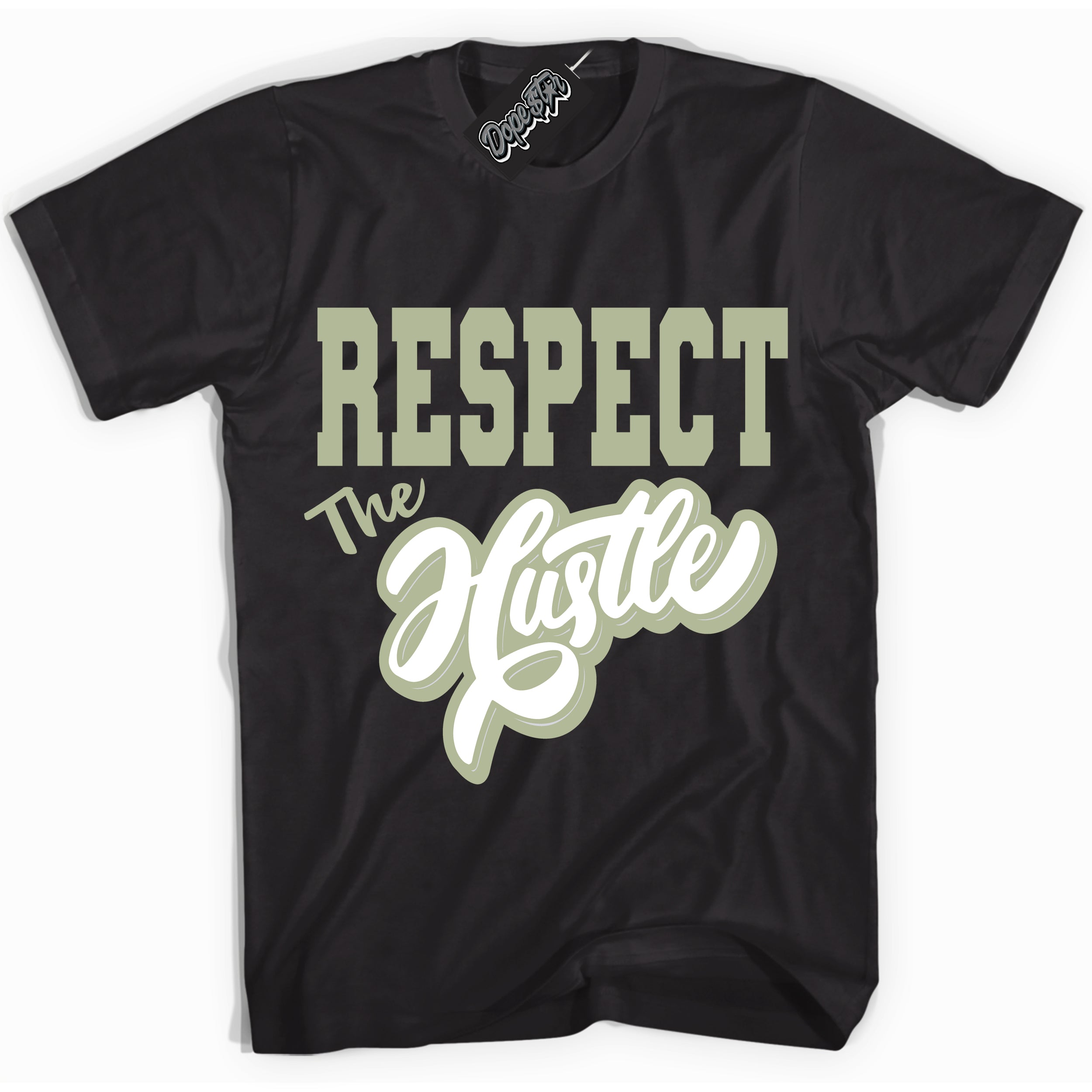 Cool Black Shirt with “ Respect The Hustle ” design that perfectly matches Next Nature Olive Aura Dunks.
