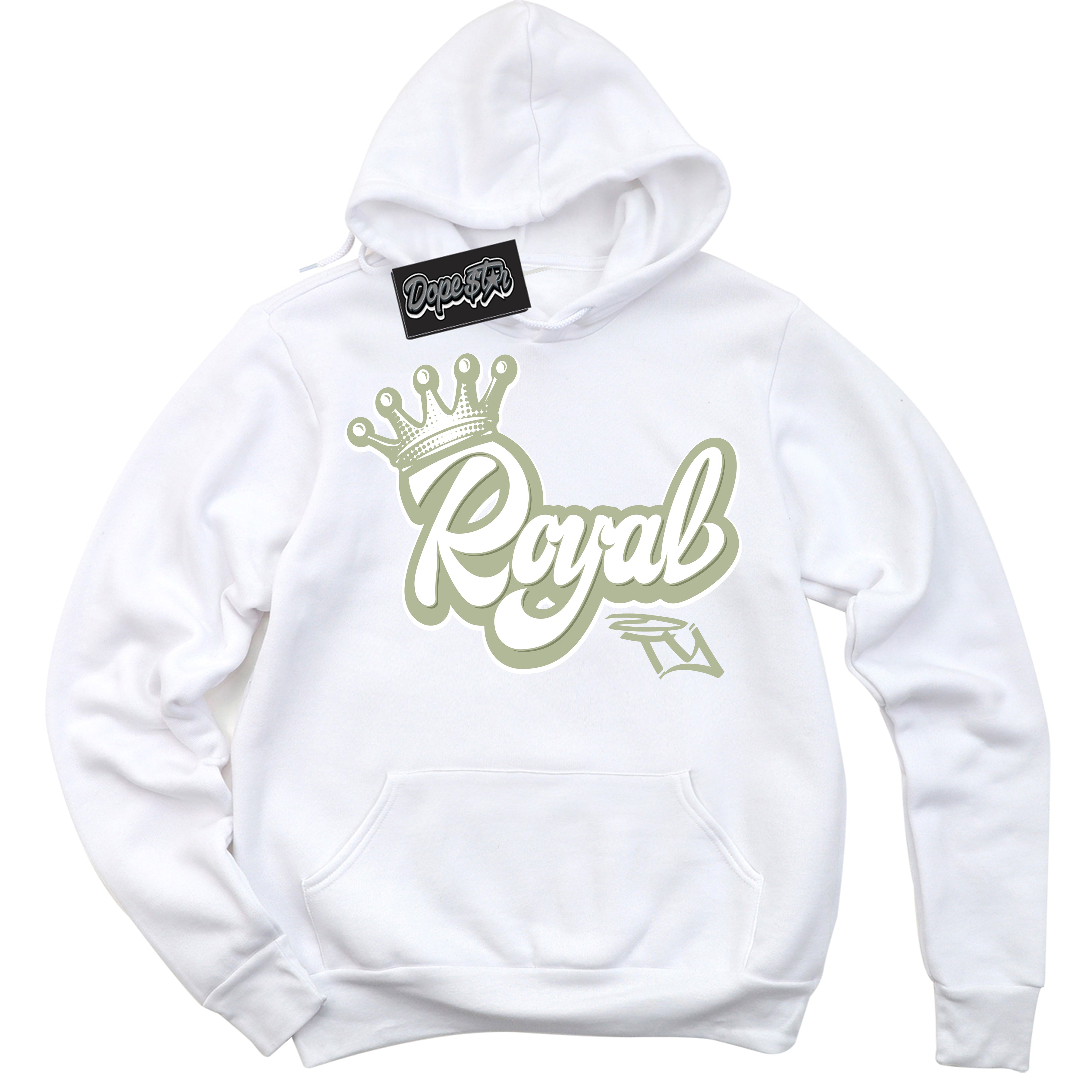 Cool White Hoodie with “ Royalty ”  design that Perfectly Matches Next Nature Olive Aura Dunks.
