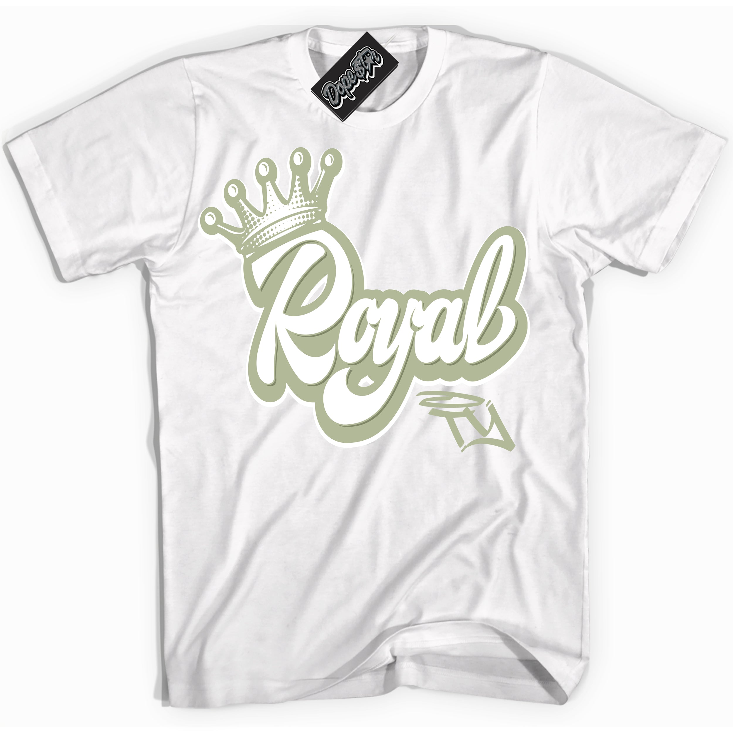 Cool White Shirt with “ Royalty ” design that perfectly matches Next Nature Olive Aura Dunks.
