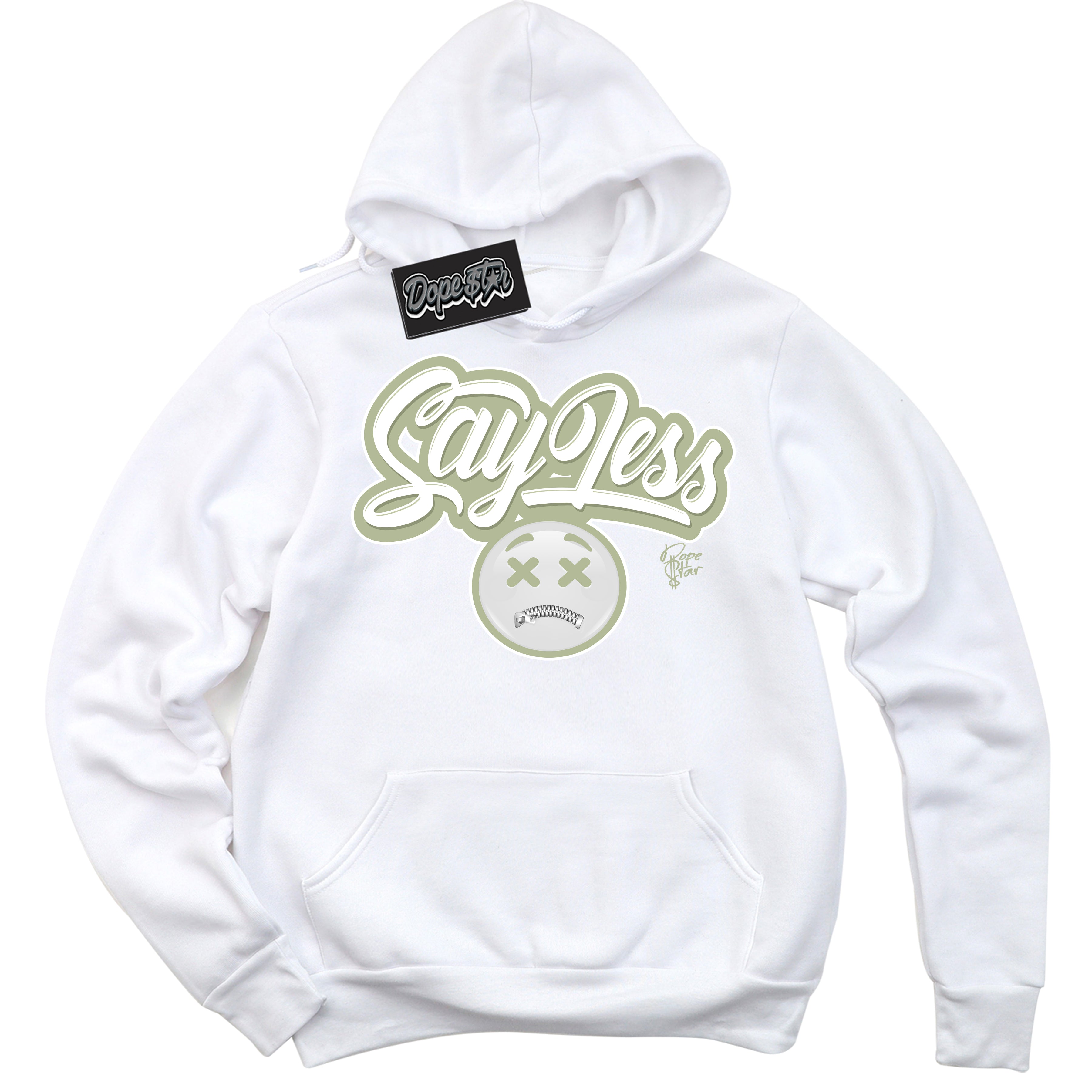 Cool White Hoodie with “ Say Less ”  design that Perfectly Matches Next Nature Olive Aura Dunks.
